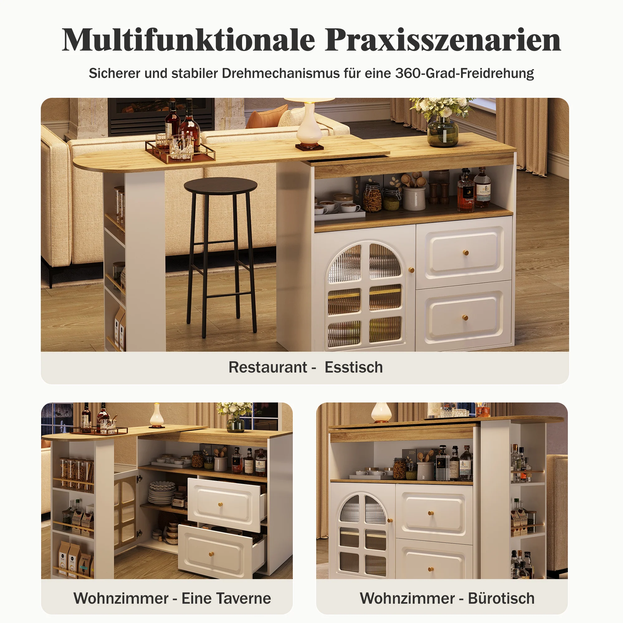 Rotating Dining Bar Sideboard 360° Swivel with 2 Drawers Snack Shelf Curved Glass White - Image 9