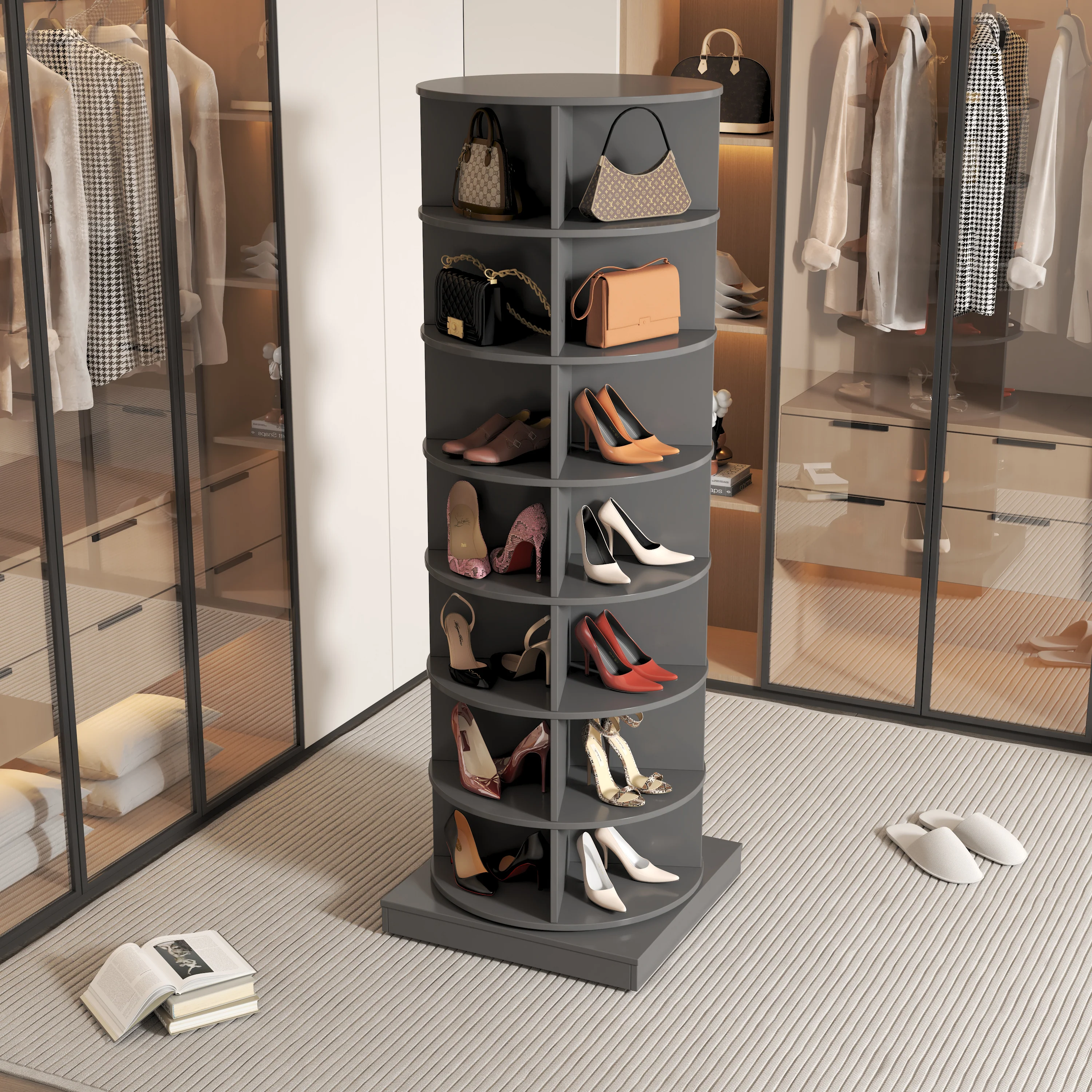 Rotating Shoe Cabinet 360° 7 Shelves 28 Pair Capacity - Grey - Image 2