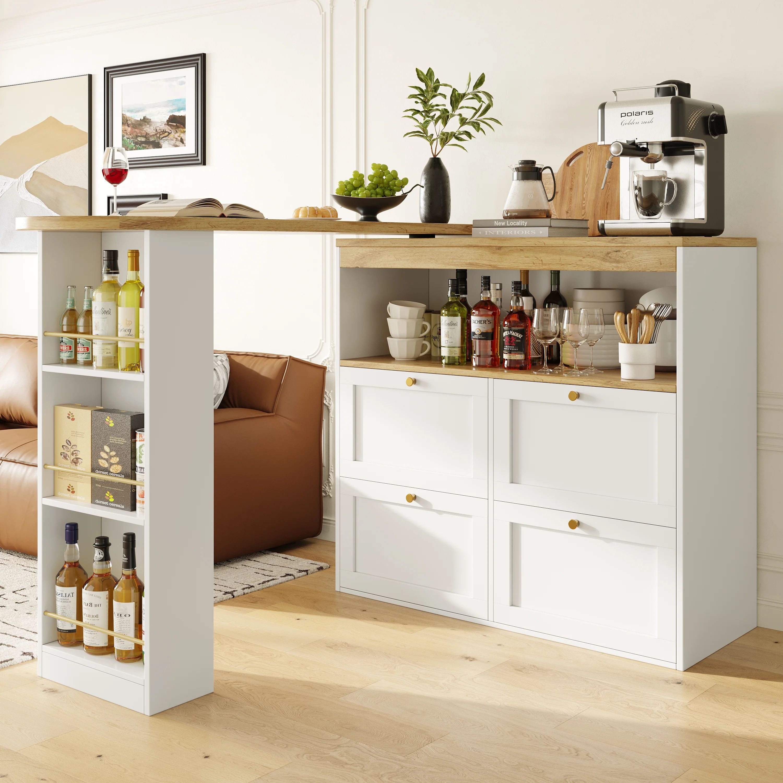 Rotating Standing Table 360° with 4 Drawers & Open Shelves - White - Image 3