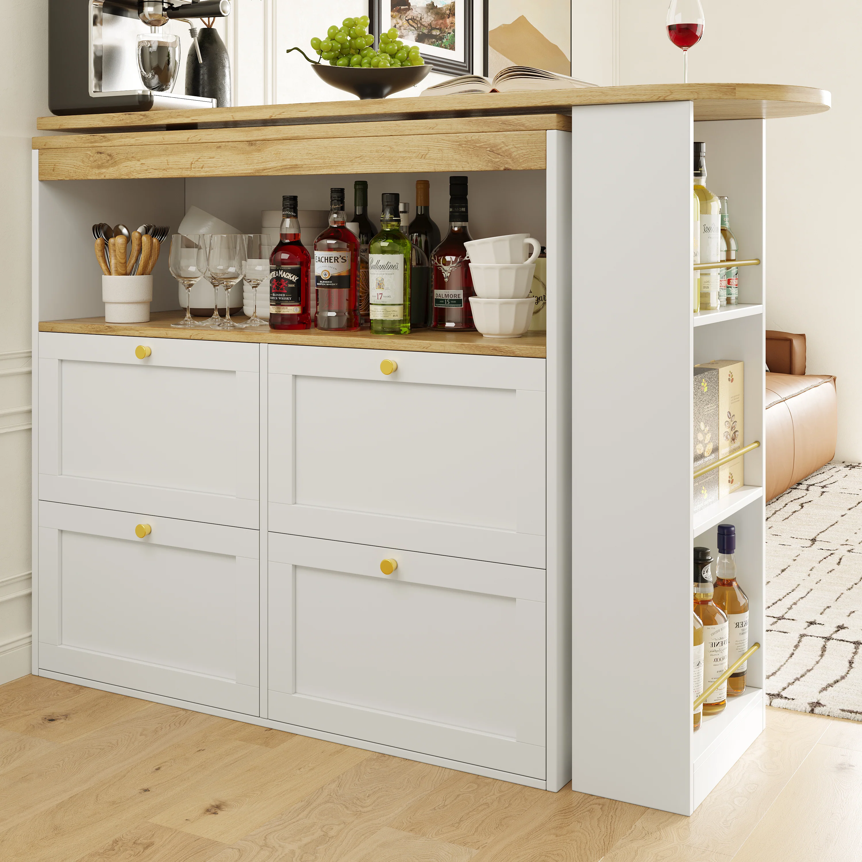 Rotating Standing Table 360° with 4 Drawers & Open Shelves - White - Image 4