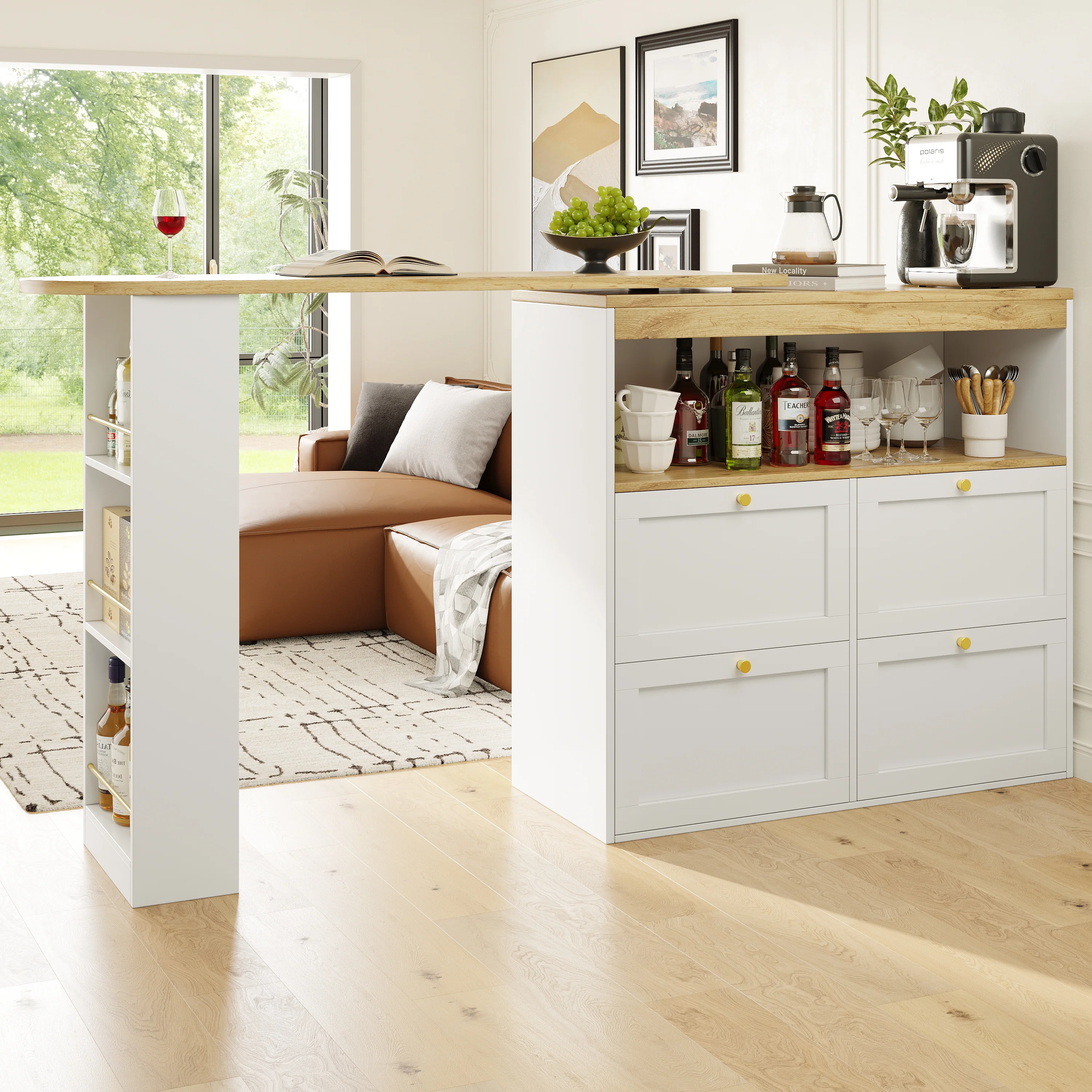Rotating Standing Table 360° with 4 Drawers & Open Shelves - White - Image 5