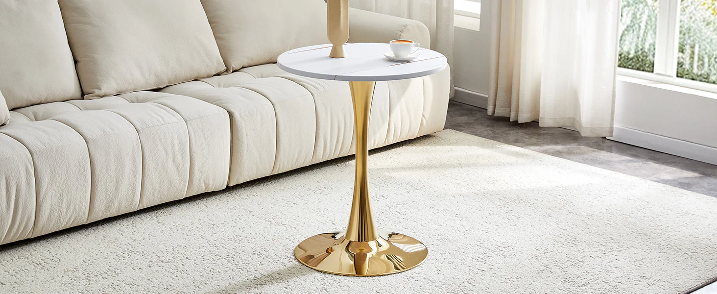 Round 60cm Side/Dining Table MDF Golden Leg White Grain - Image 10