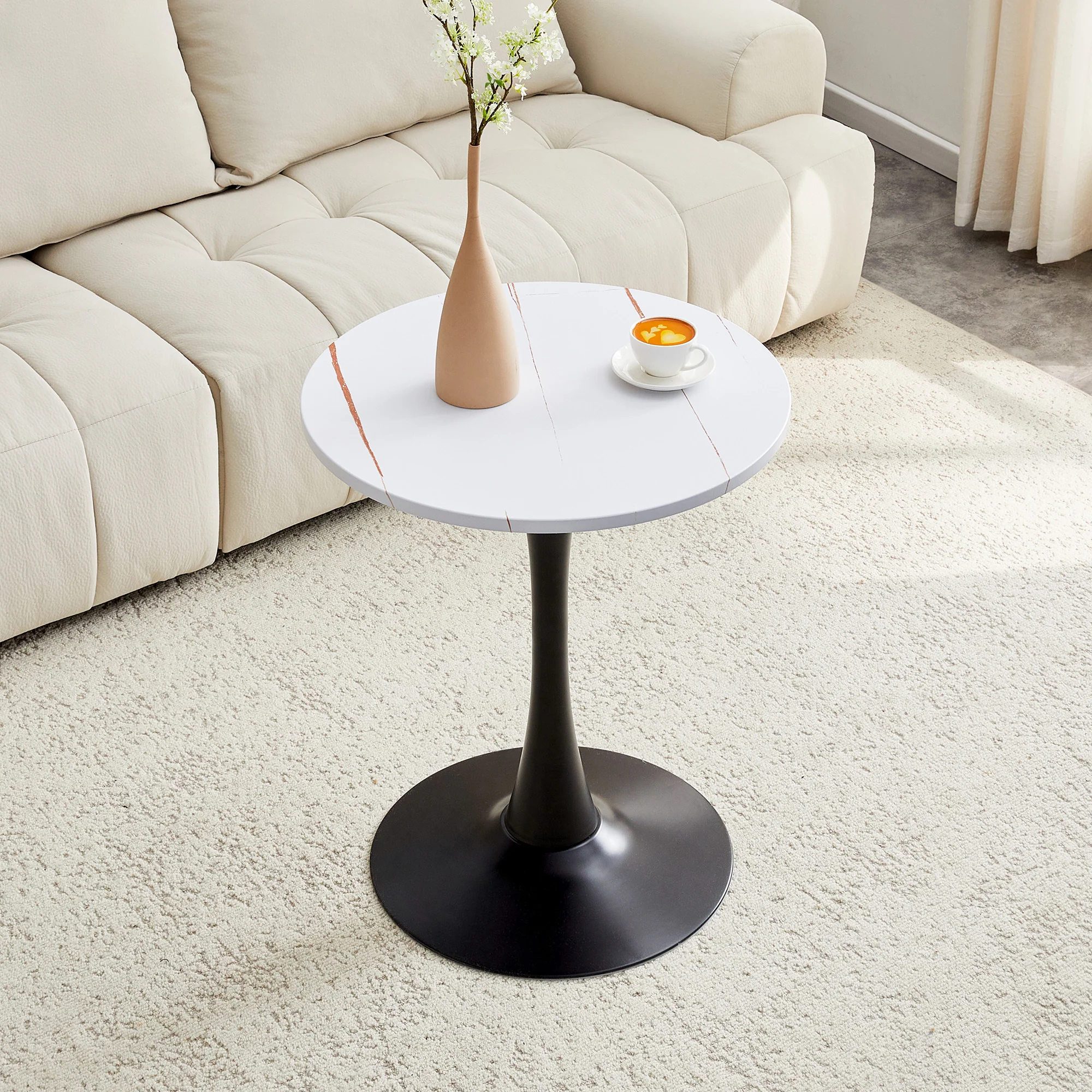 Round 60cm Side Table Small Dining Table MDF Thermoforming Black Leg White Grain Look