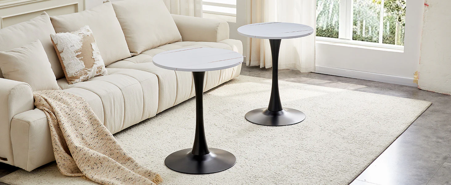 Round 60cm Side Table Small Dining Table MDF Thermoforming Black Leg White Grain Look - Image 10