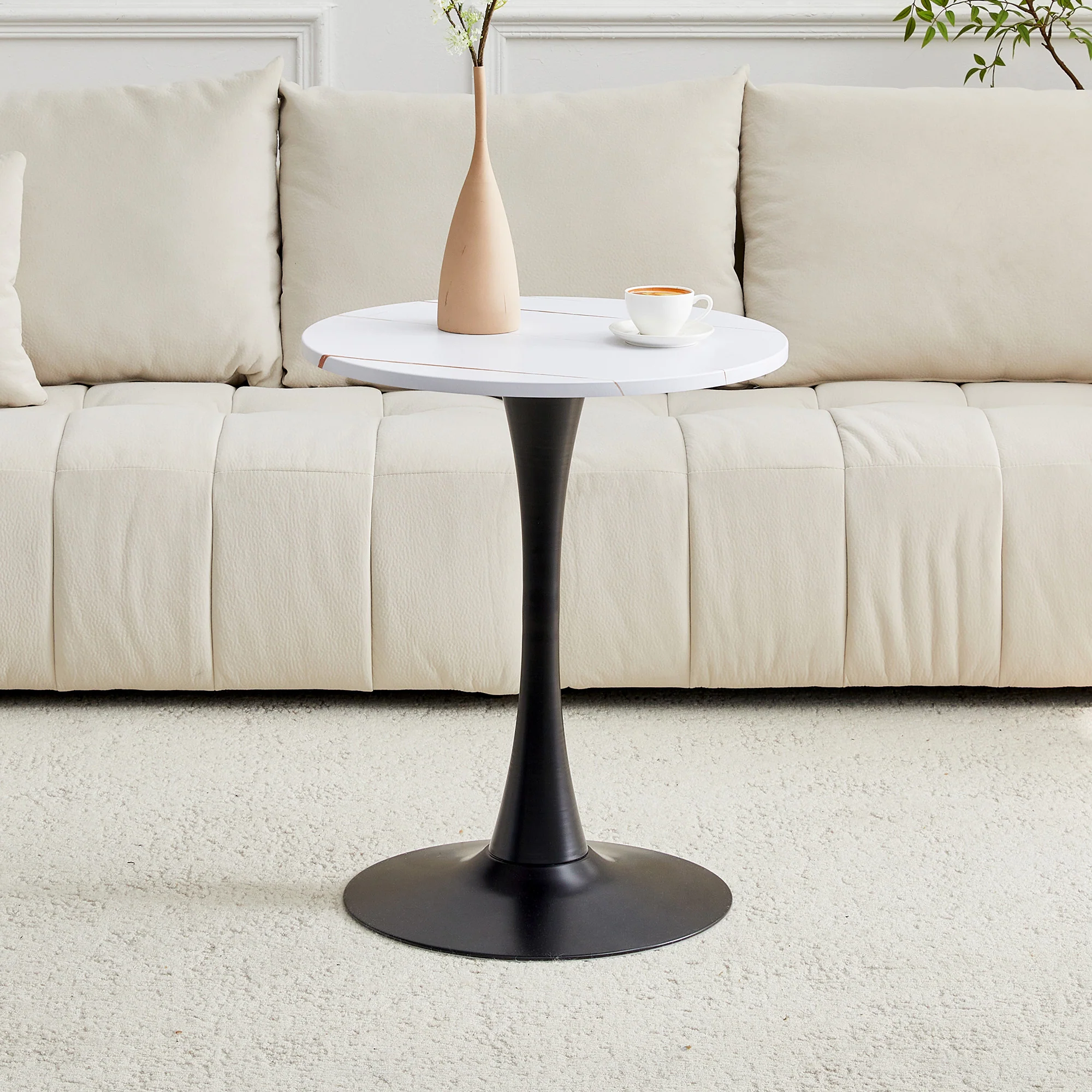 Round 60cm Side Table Small Dining Table MDF Thermoforming Black Leg White Grain Look - Image 2