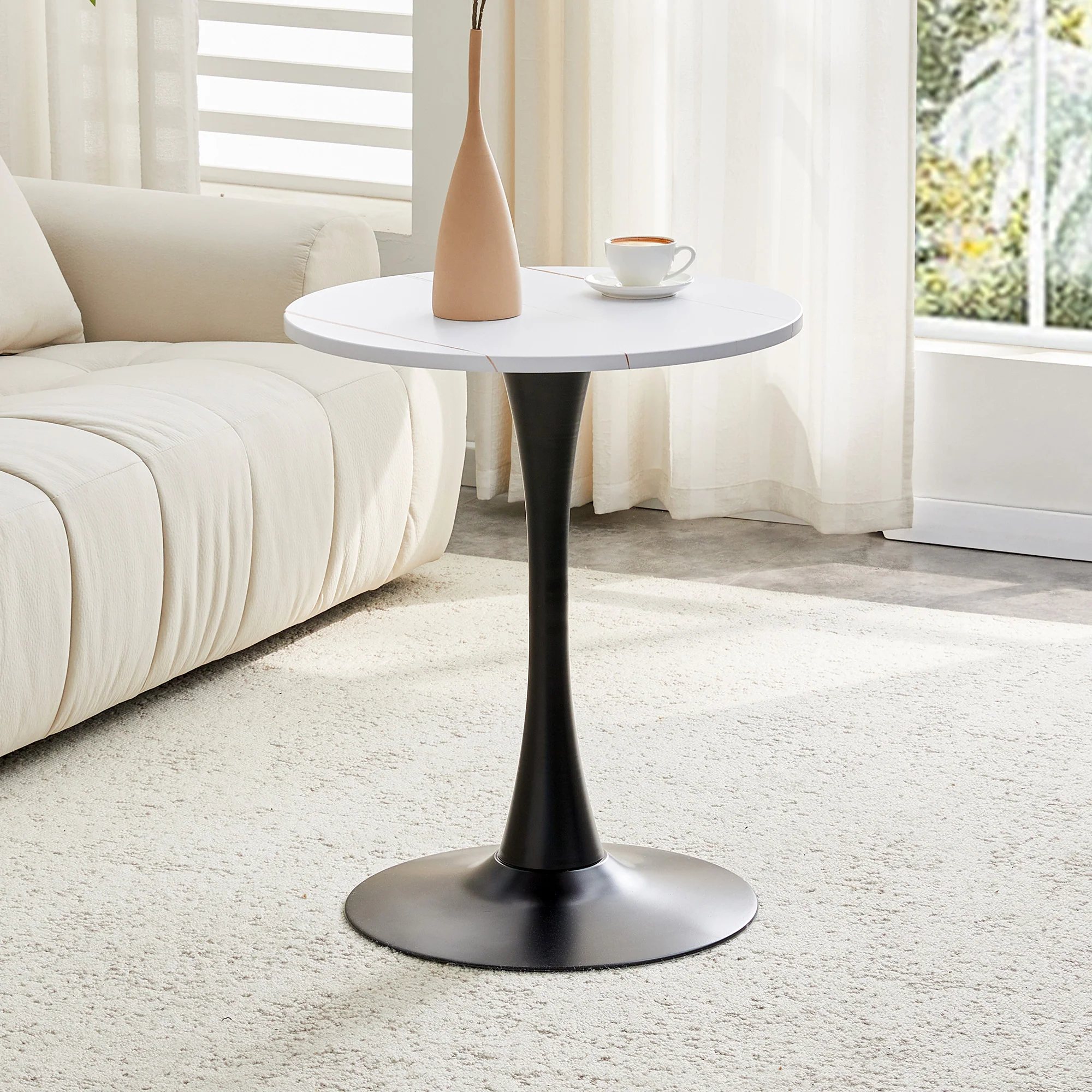 Round 60cm Side Table Small Dining Table MDF Thermoforming Black Leg White Grain Look - Image 3