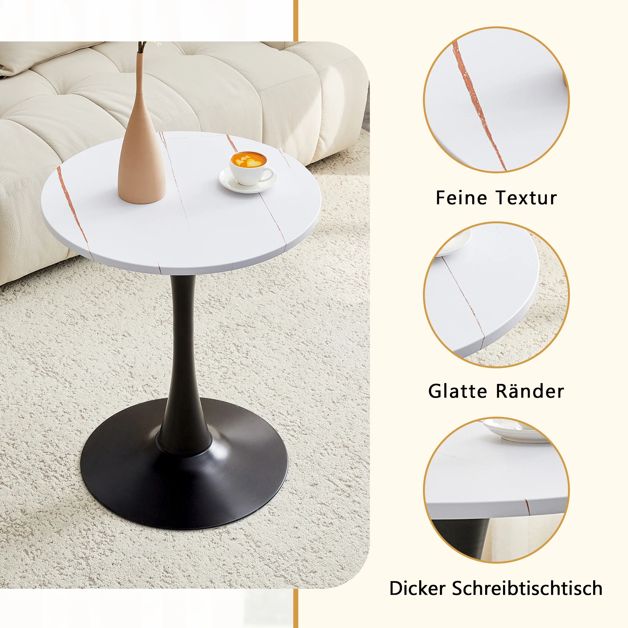 Round 60cm Side Table Small Dining Table MDF Thermoforming Black Leg White Grain Look - Image 6