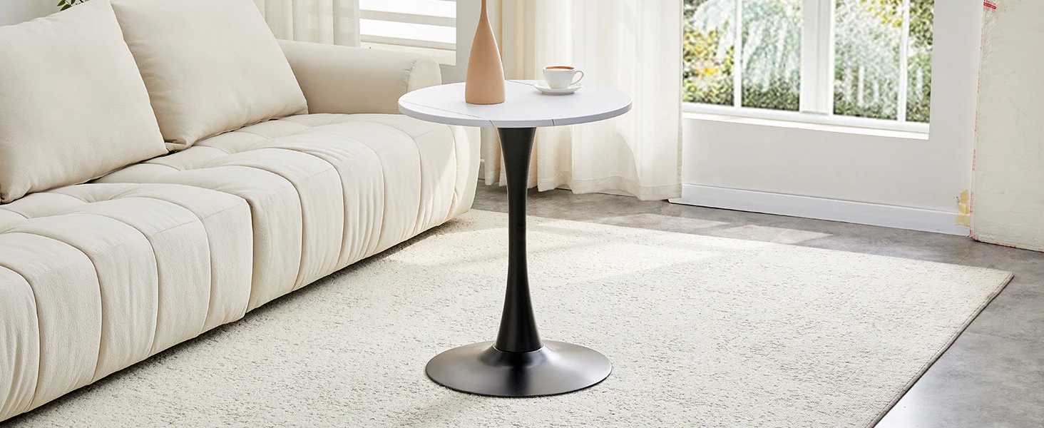Round 60cm Side Table Small Dining Table MDF Thermoforming Black Leg White Grain Look - Image 9