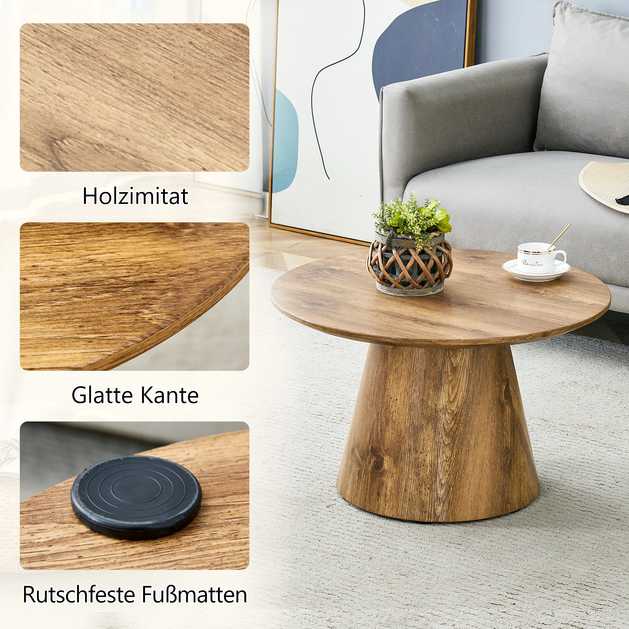 Round Coffee Table 60cm Diameter Side Table - Natural Wood Look (MDF) - Image 6