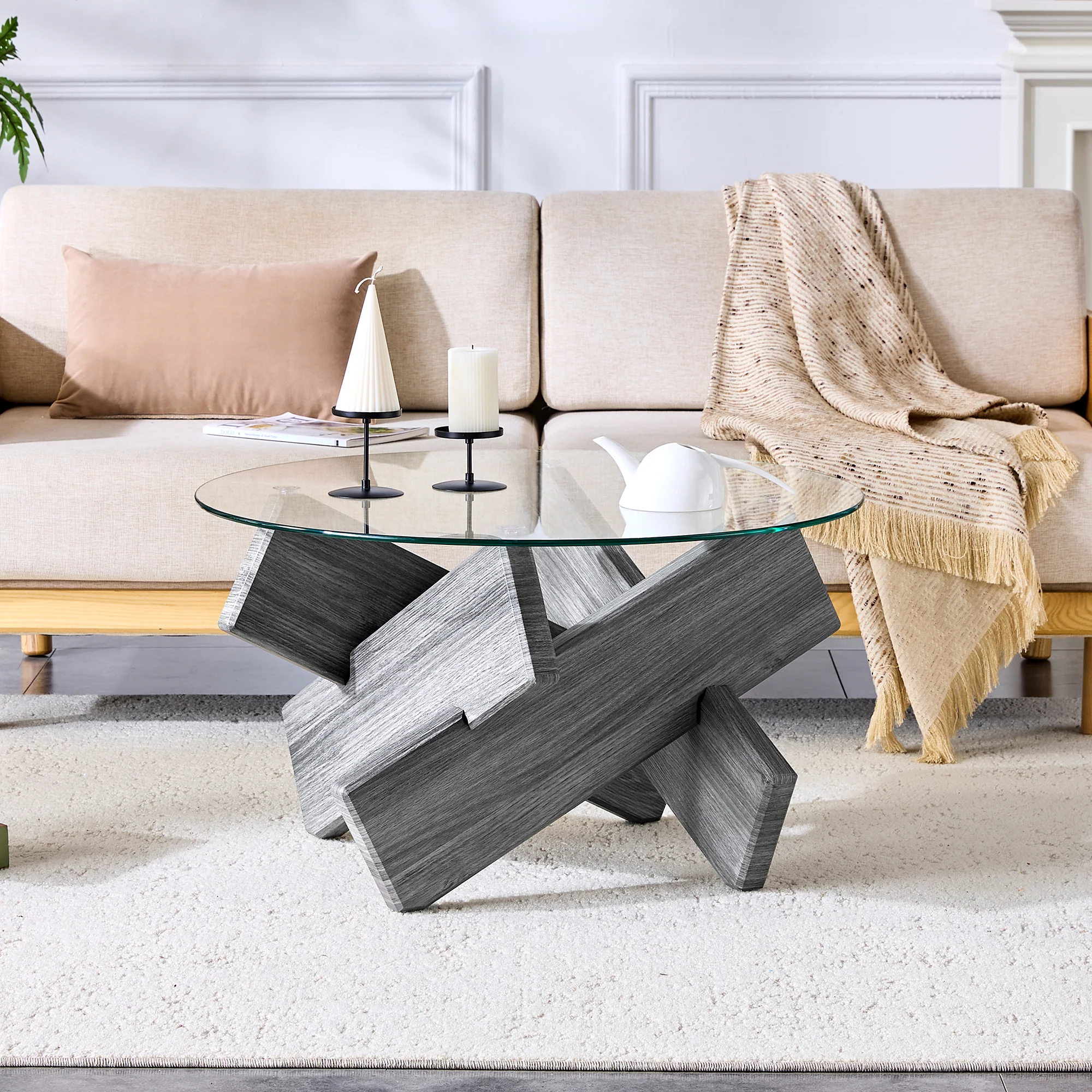 Round Coffee Table 79cm Tempered Glass Cross Legs - Gray MDF