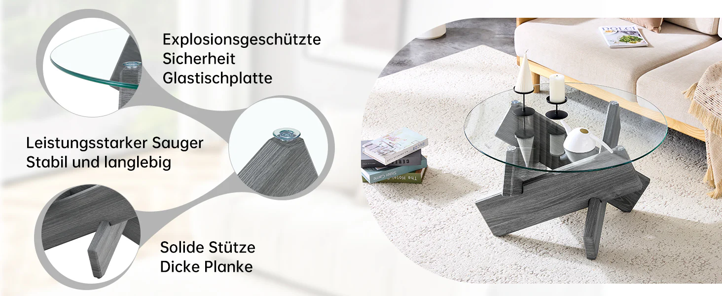 Round Coffee Table 79cm Tempered Glass Cross Legs - Gray MDF - Image 10