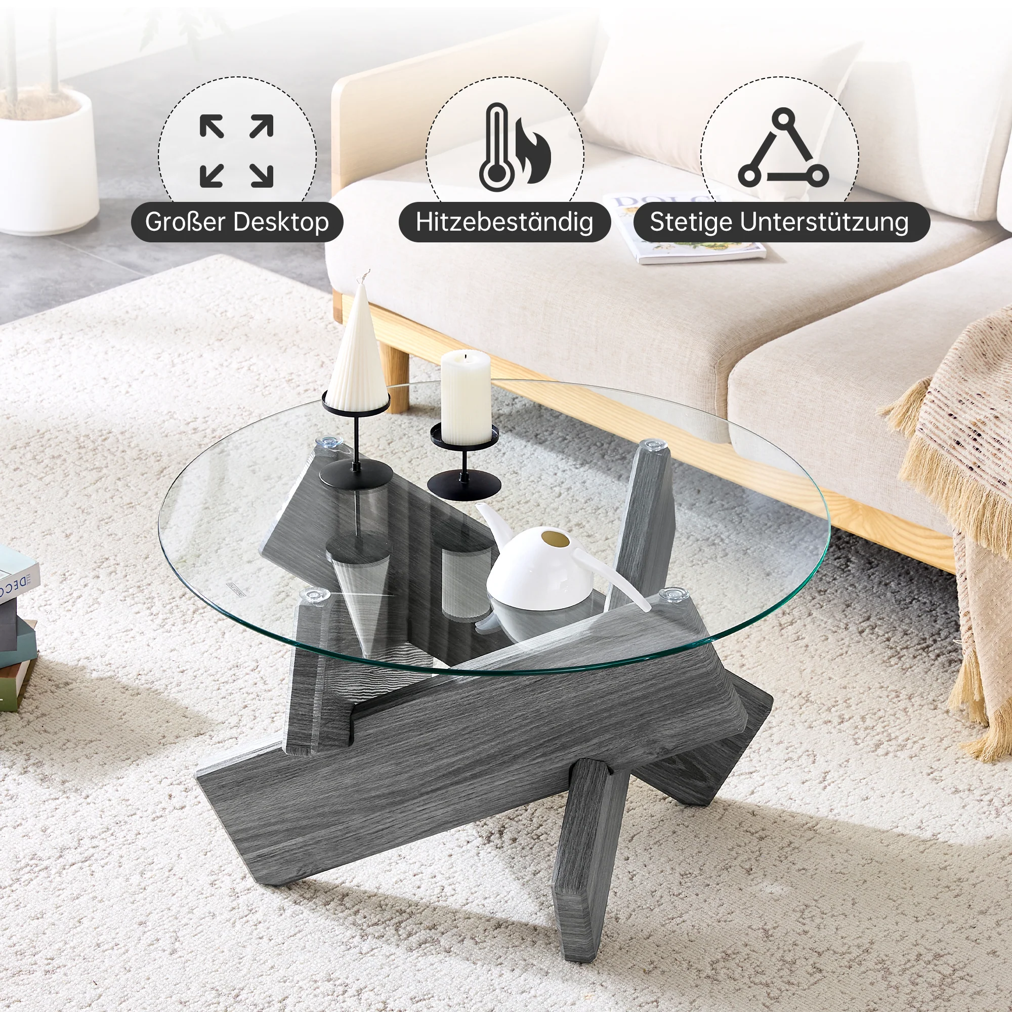 Round Coffee Table 79cm Tempered Glass Cross Legs - Gray MDF - Image 4