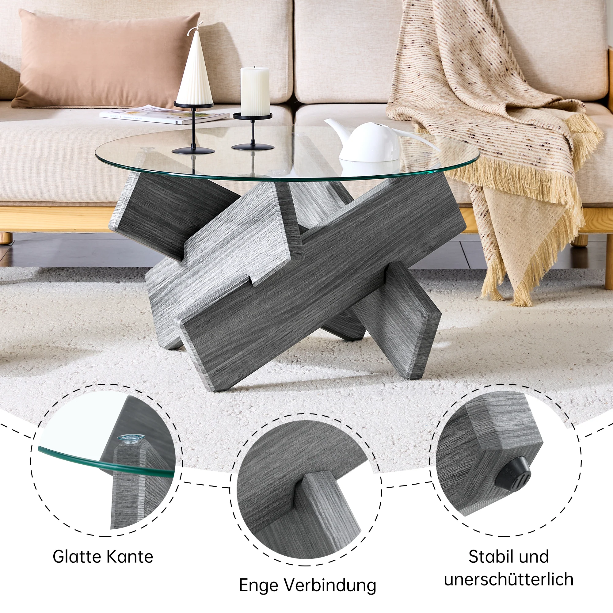 Round Coffee Table 79cm Tempered Glass Cross Legs - Gray MDF - Image 5