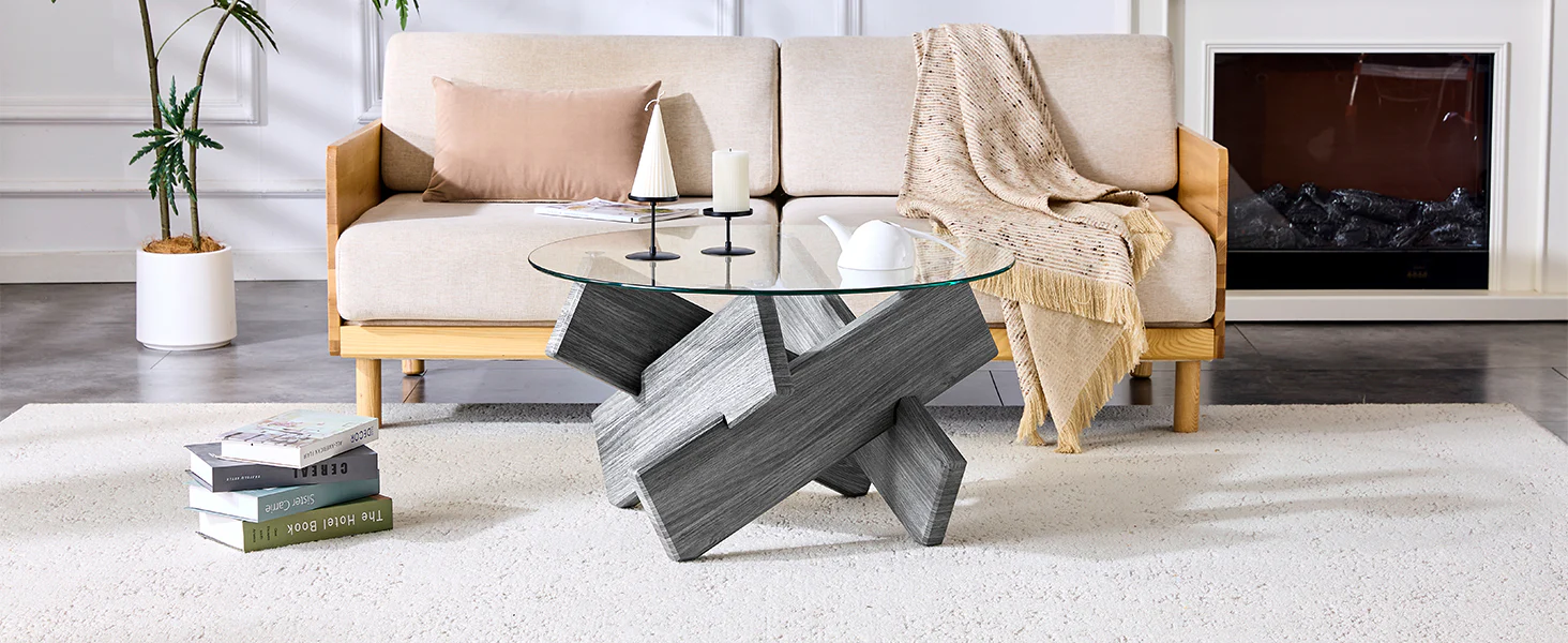 Round Coffee Table 79cm Tempered Glass Cross Legs - Gray MDF - Image 8