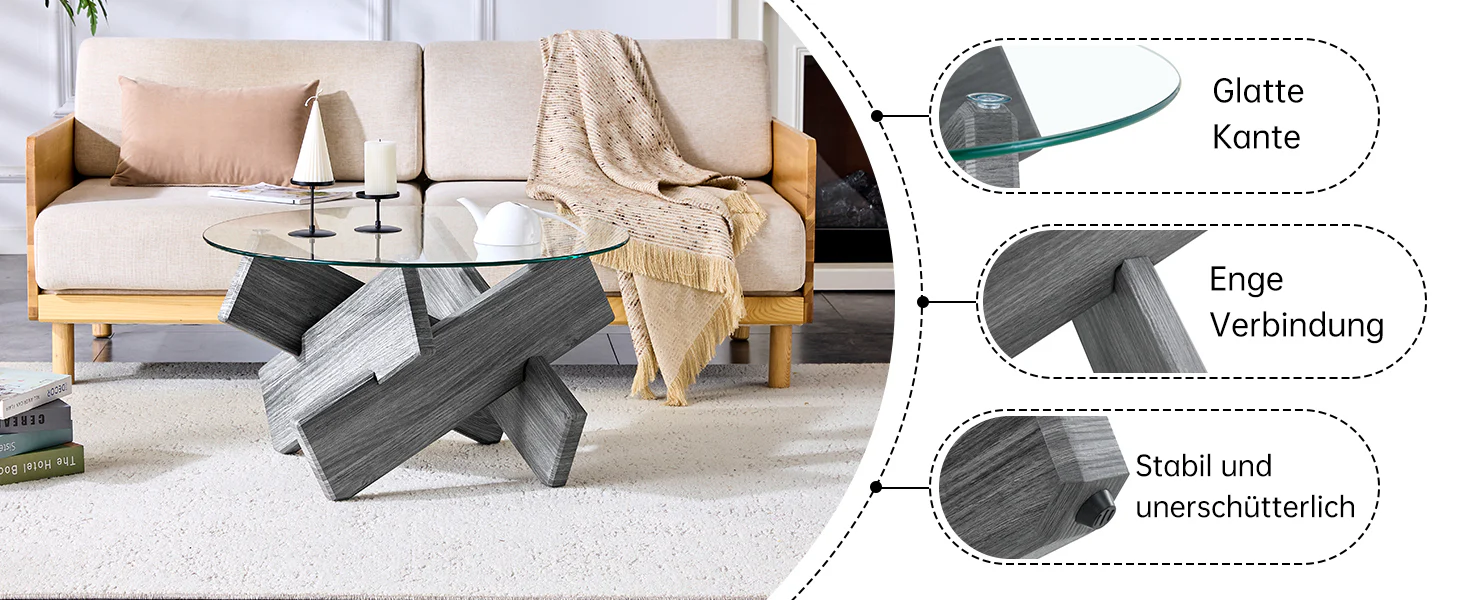 Round Coffee Table 79cm Tempered Glass Cross Legs - Gray MDF - Image 9