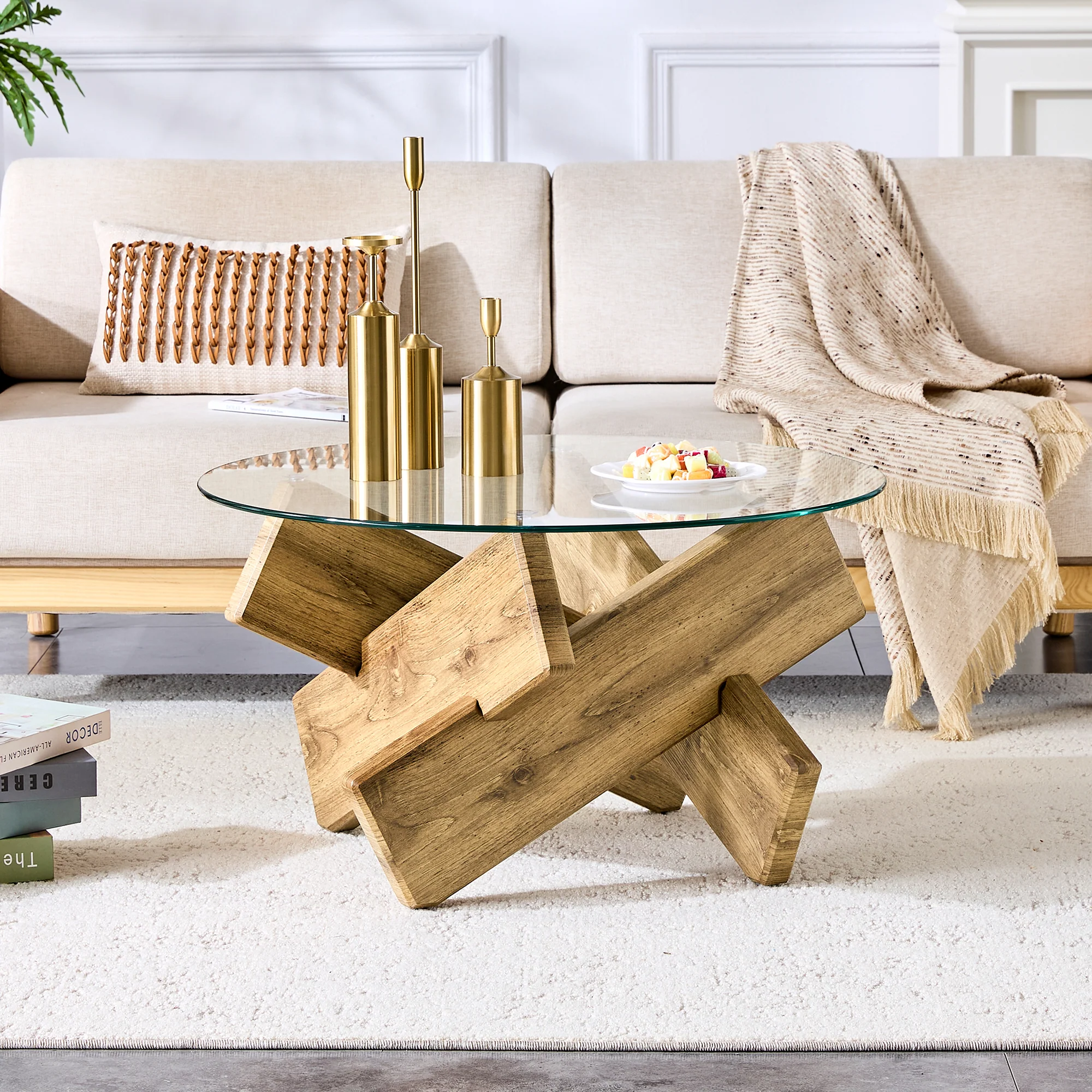Round Coffee Table Glass Top 79cm Cross Frame - Multi-Color MDF - Image 2