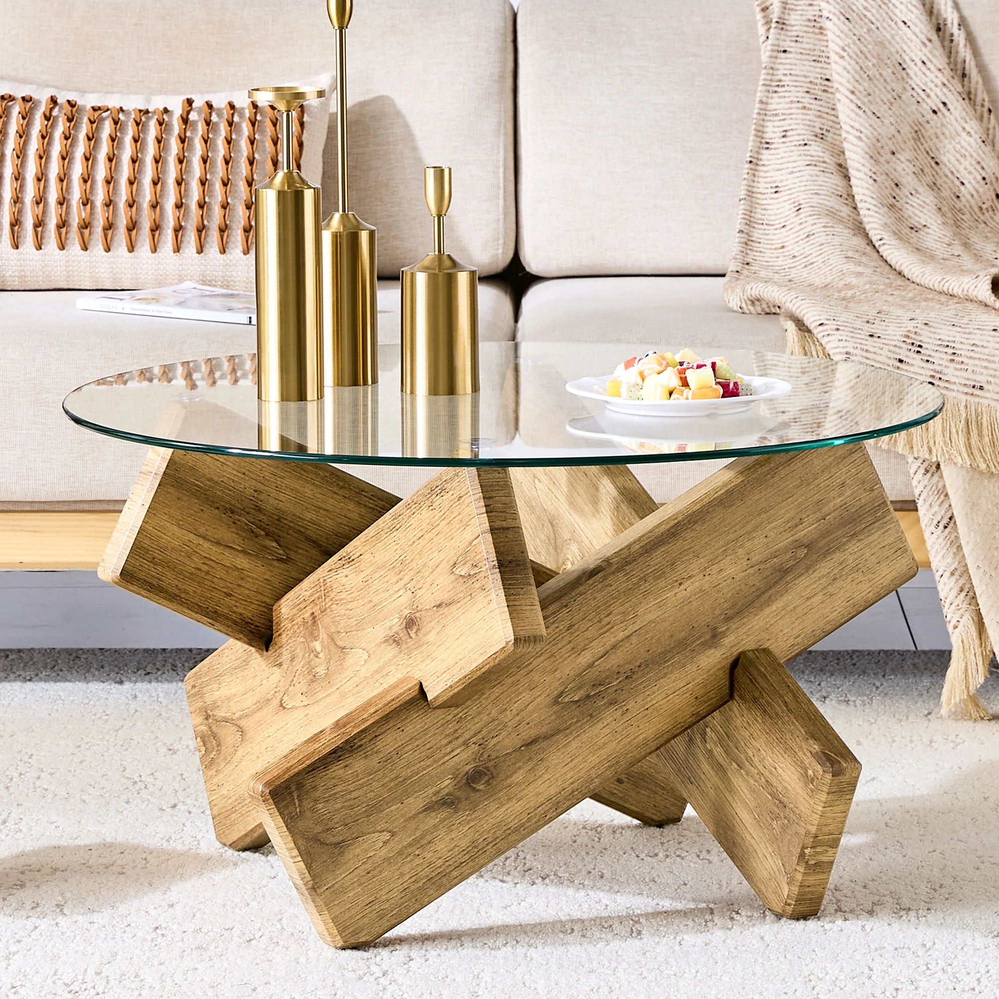 Round Coffee Table Glass Top 79cm Cross Frame - Multi-Color MDF - Image 4