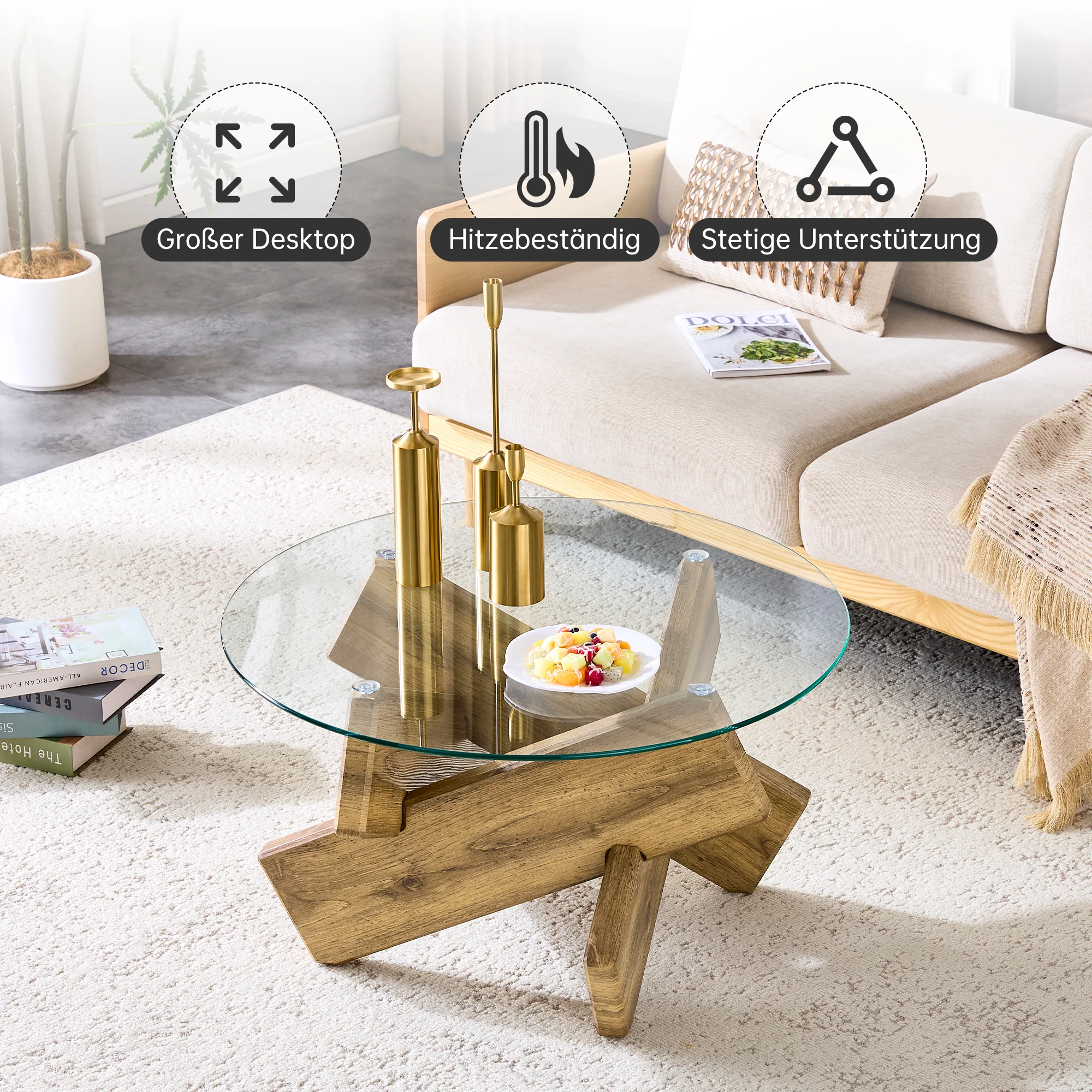 Round Coffee Table Glass Top 79cm Cross Frame - Multi-Color MDF - Image 6