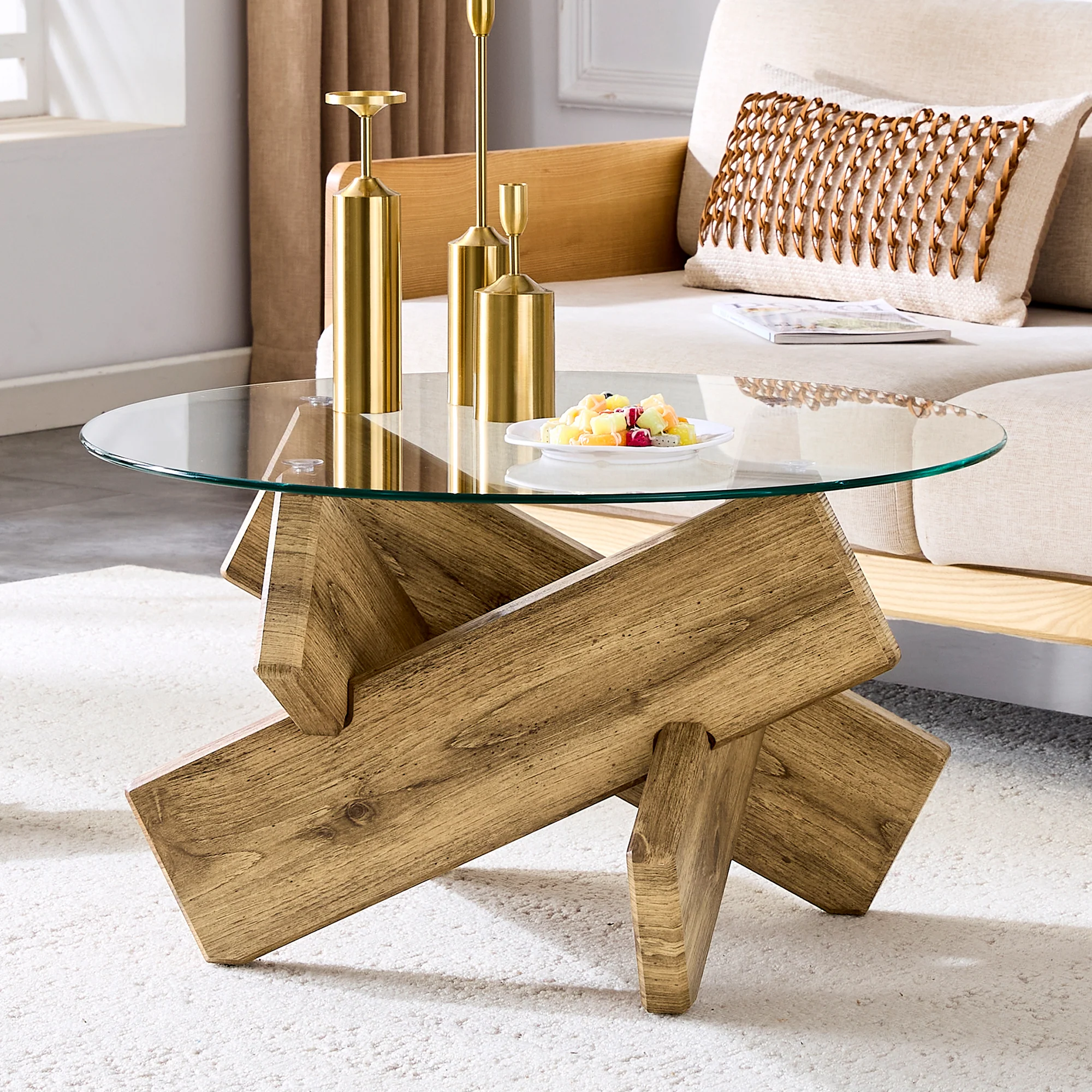 Round Coffee Table Glass Top 79cm Cross Frame - Multi-Color MDF - Image 9