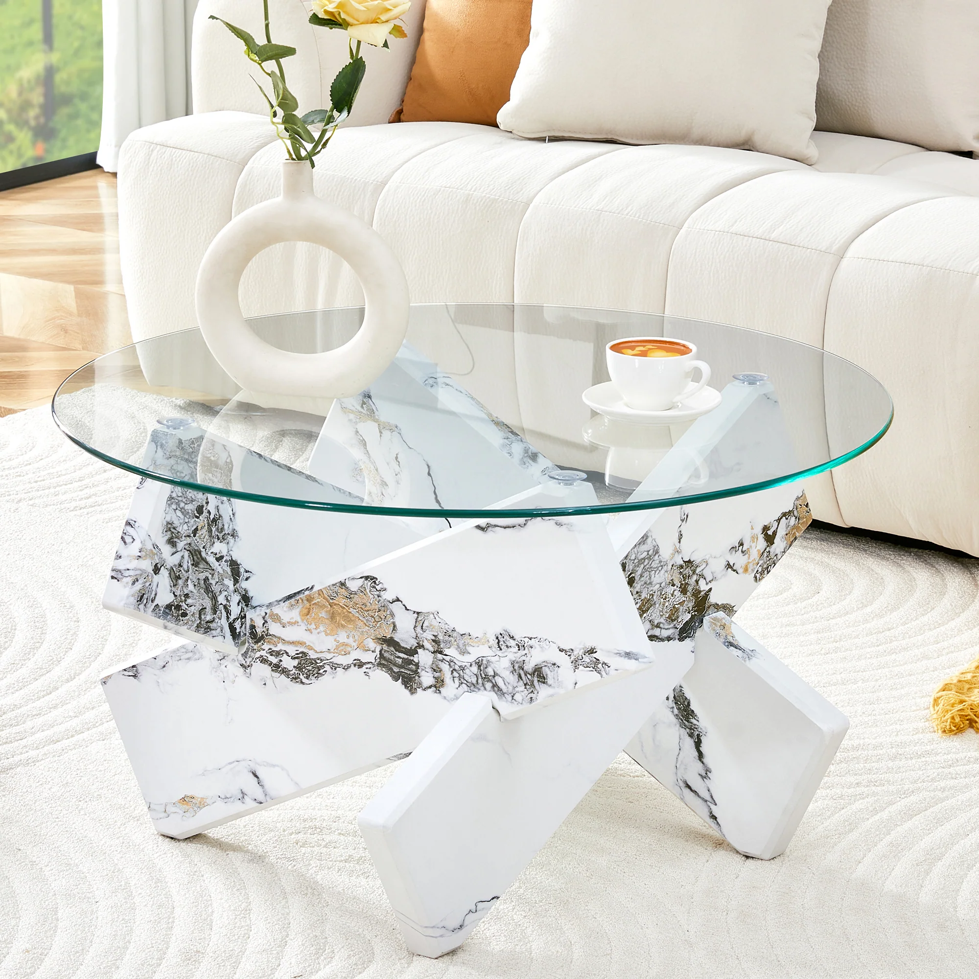 Round Coffee Table Glass Top 79cm Marble Look Legs - Multi-color - Image 10