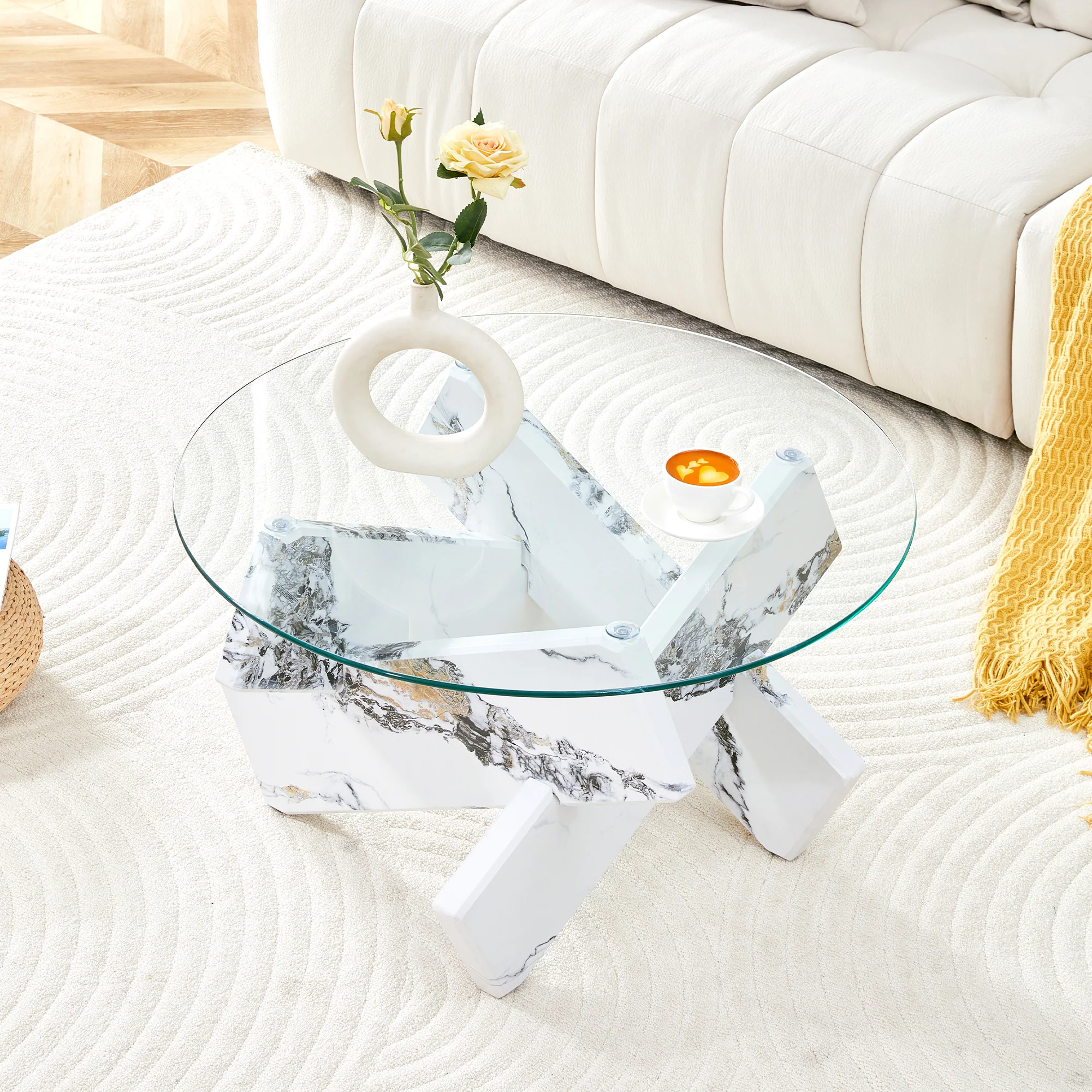 Round Coffee Table Glass Top 79cm Marble Look Legs - Multi-color - Image 2