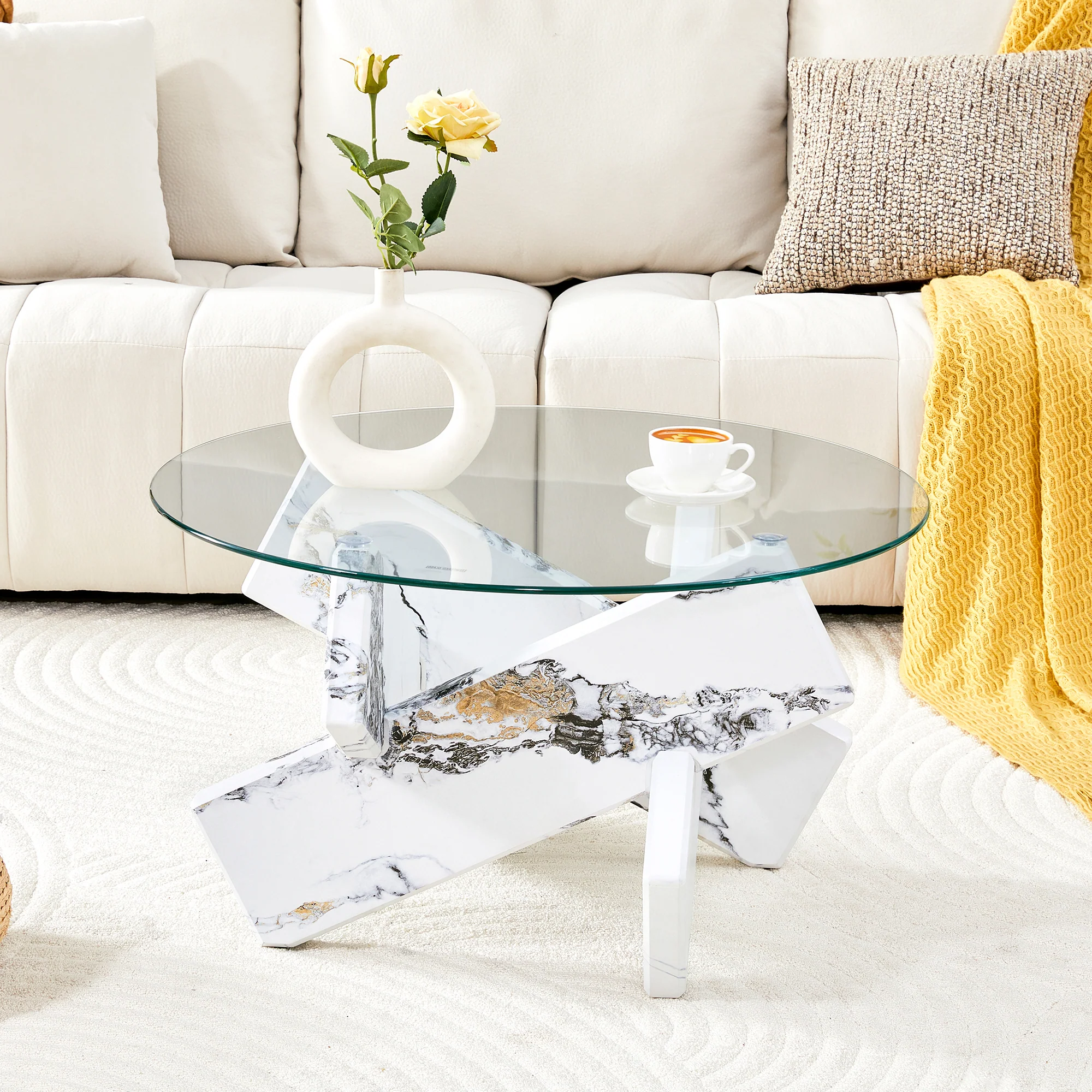 Round Coffee Table Glass Top 79cm Marble Look Legs - Multi-color - Image 3