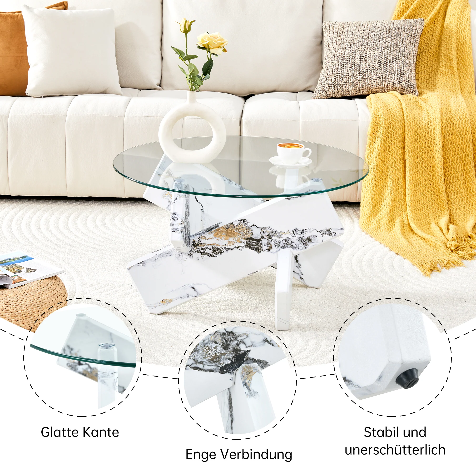 Round Coffee Table Glass Top 79cm Marble Look Legs - Multi-color - Image 7