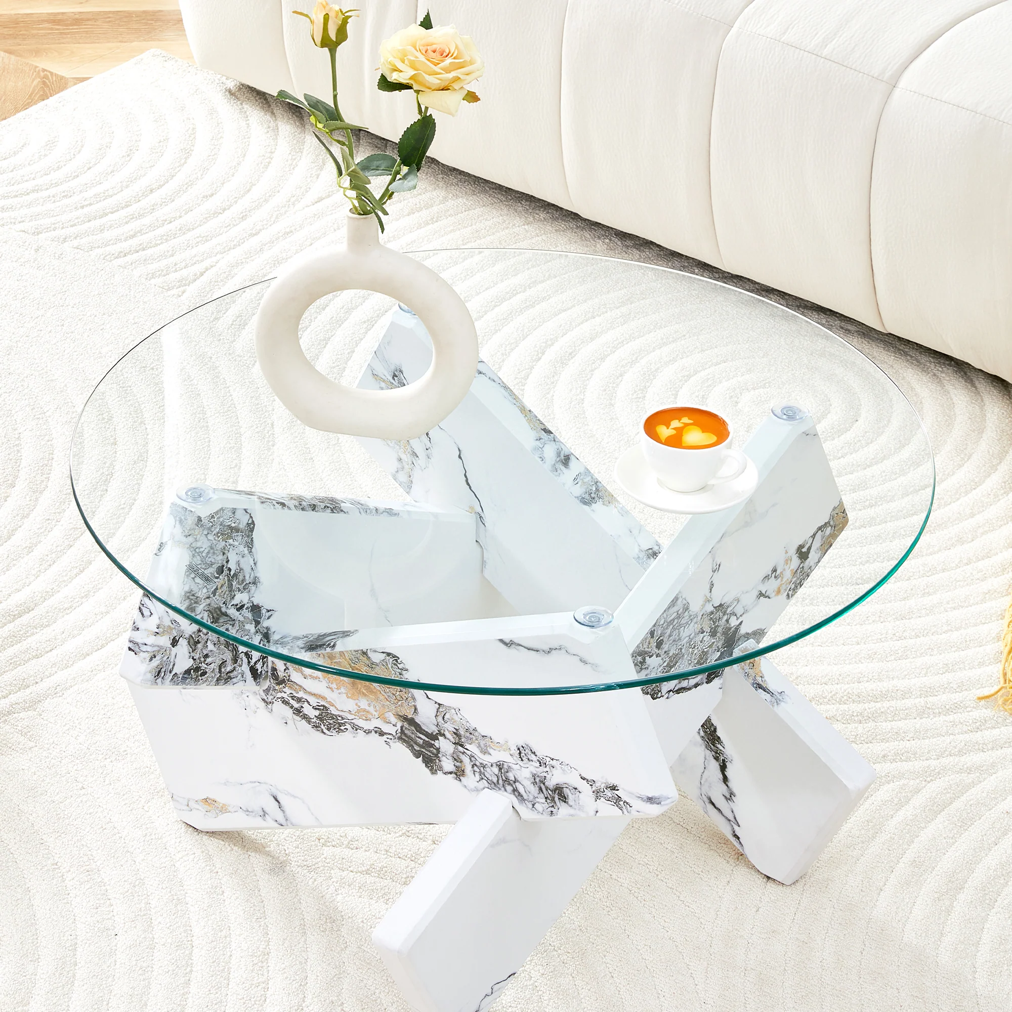 Round Coffee Table Glass Top 79cm Marble Look Legs - Multi-color - Image 8