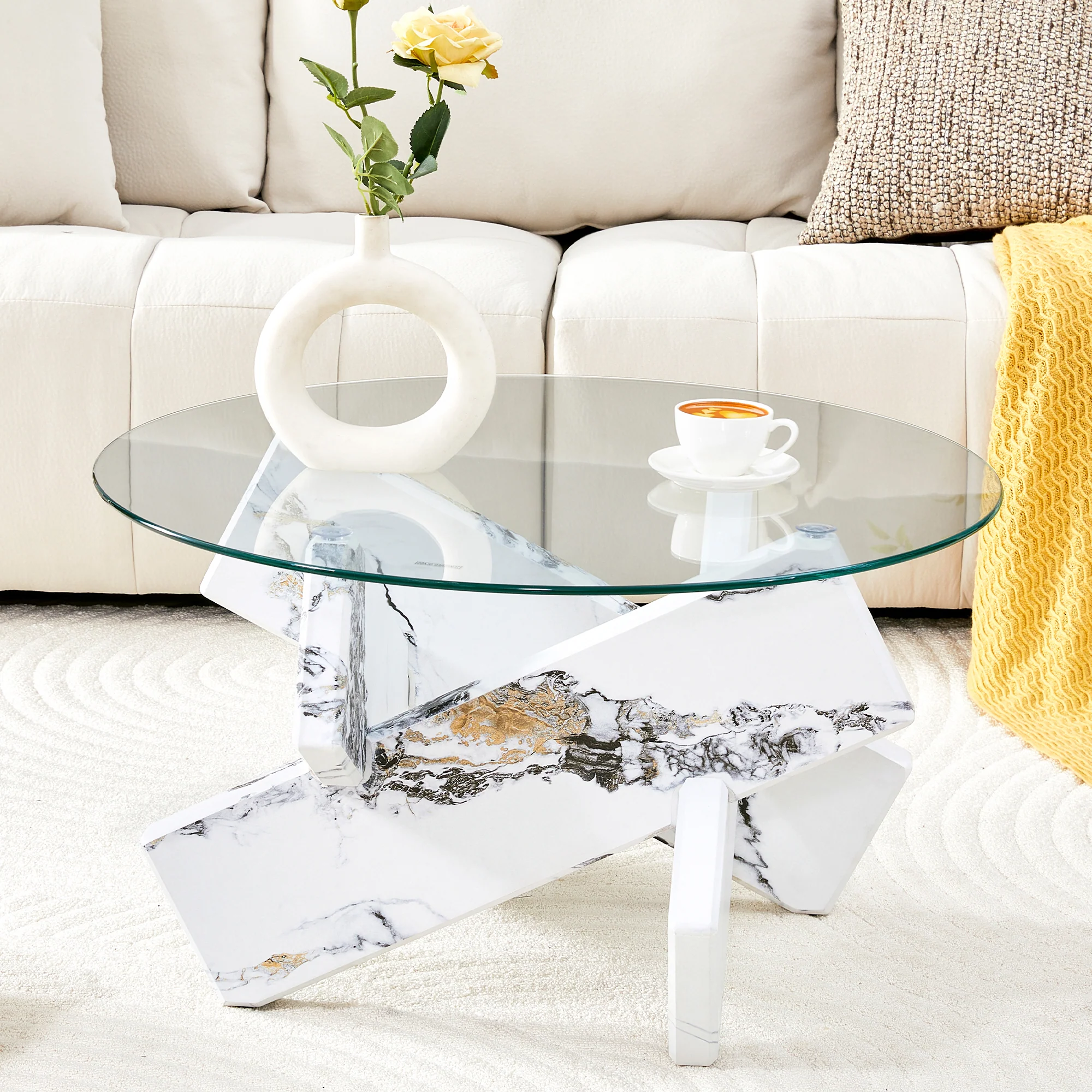 Round Coffee Table Glass Top 79cm Marble Look Legs - Multi-color - Image 9