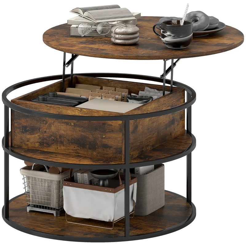 Round coffee table, height adjustable, with shelf and storage, brown