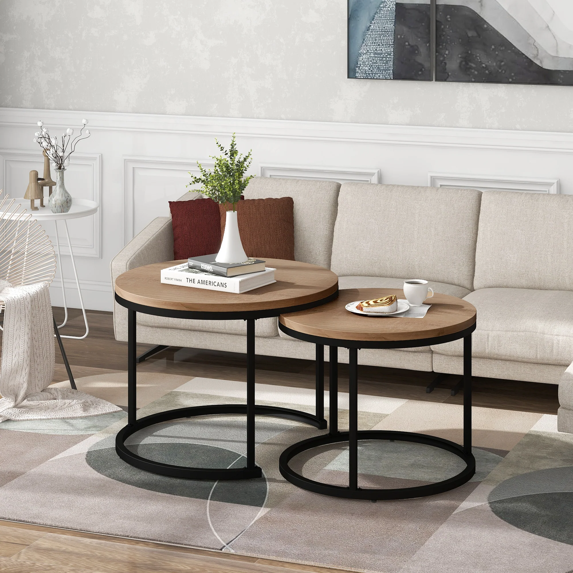 Round coffee table set of 2 nested side tables (oak) - Image 2