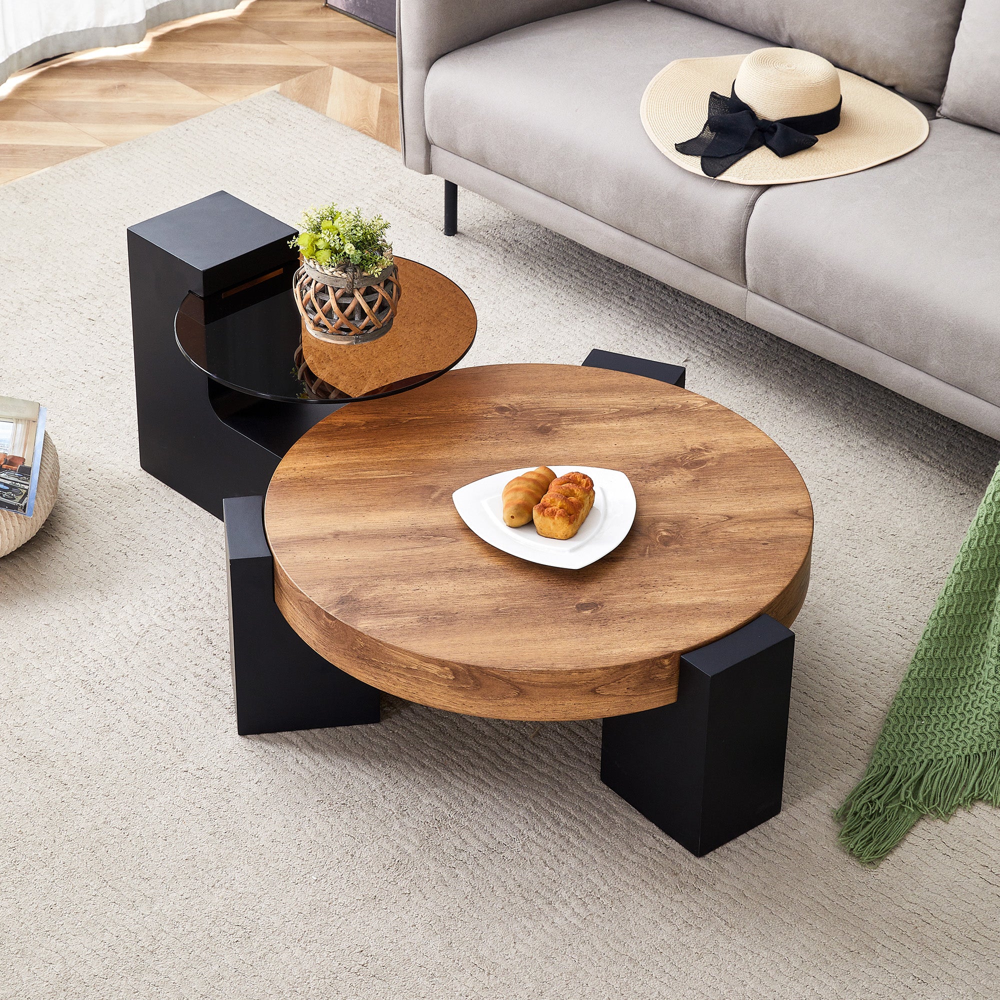 Round Coffee Table Two-Tier Detachable Transparent Brown Glass Top Black MDF Legs - Image 10