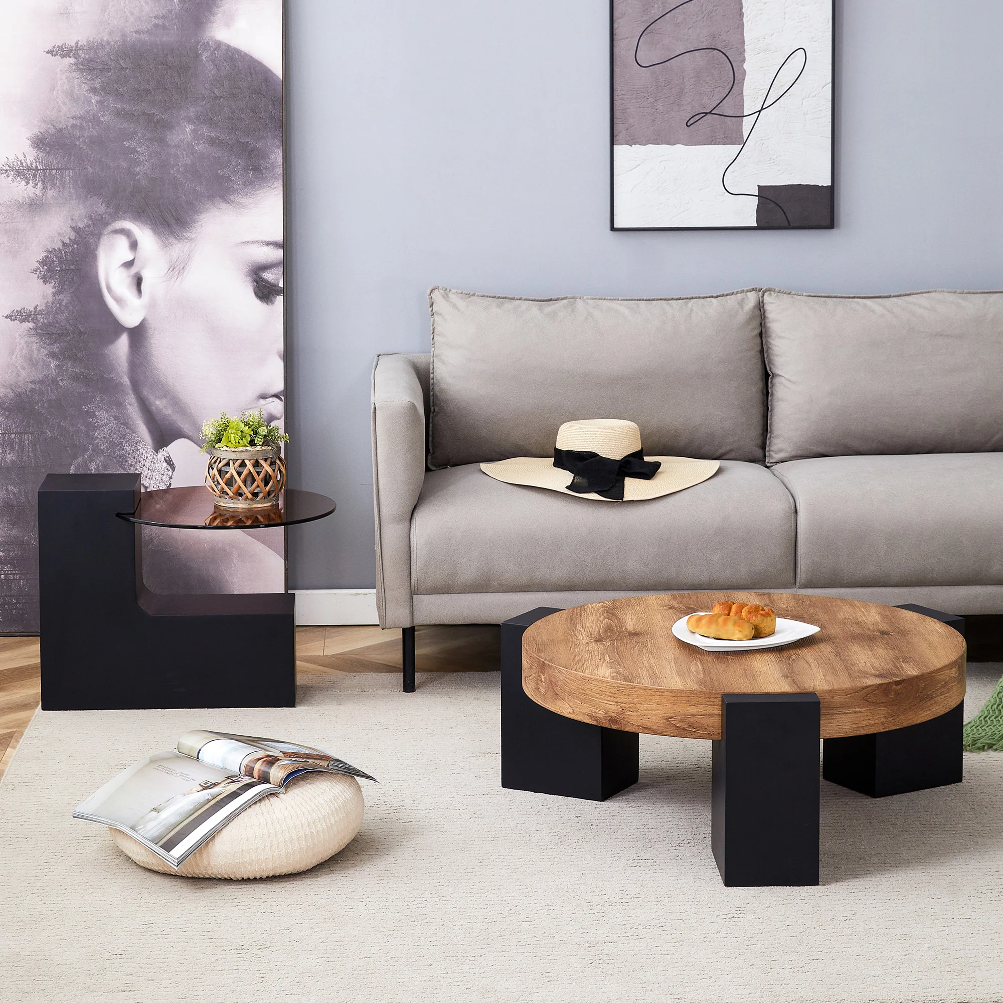 Round Coffee Table Two-Tier Detachable Transparent Brown Glass Top Black MDF Legs - Image 2