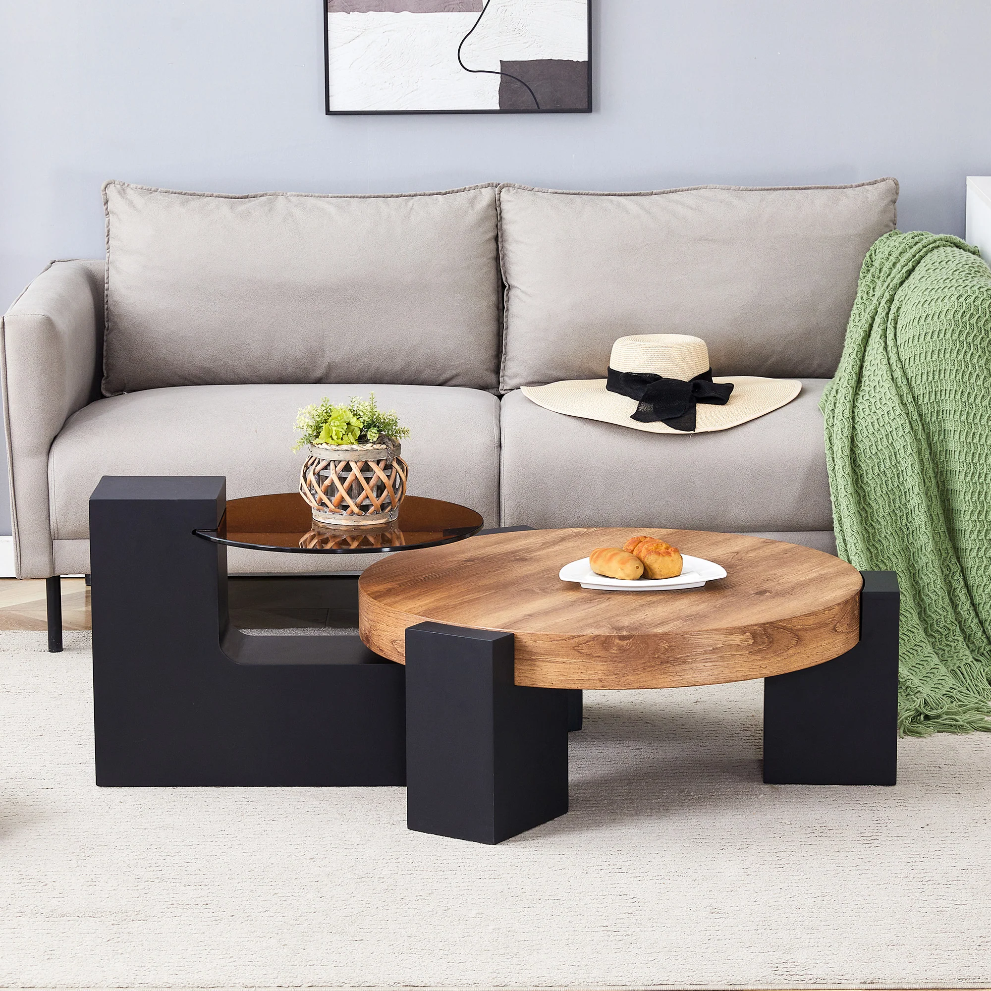 Round Coffee Table Two-Tier Detachable Transparent Brown Glass Top Black MDF Legs - Image 3