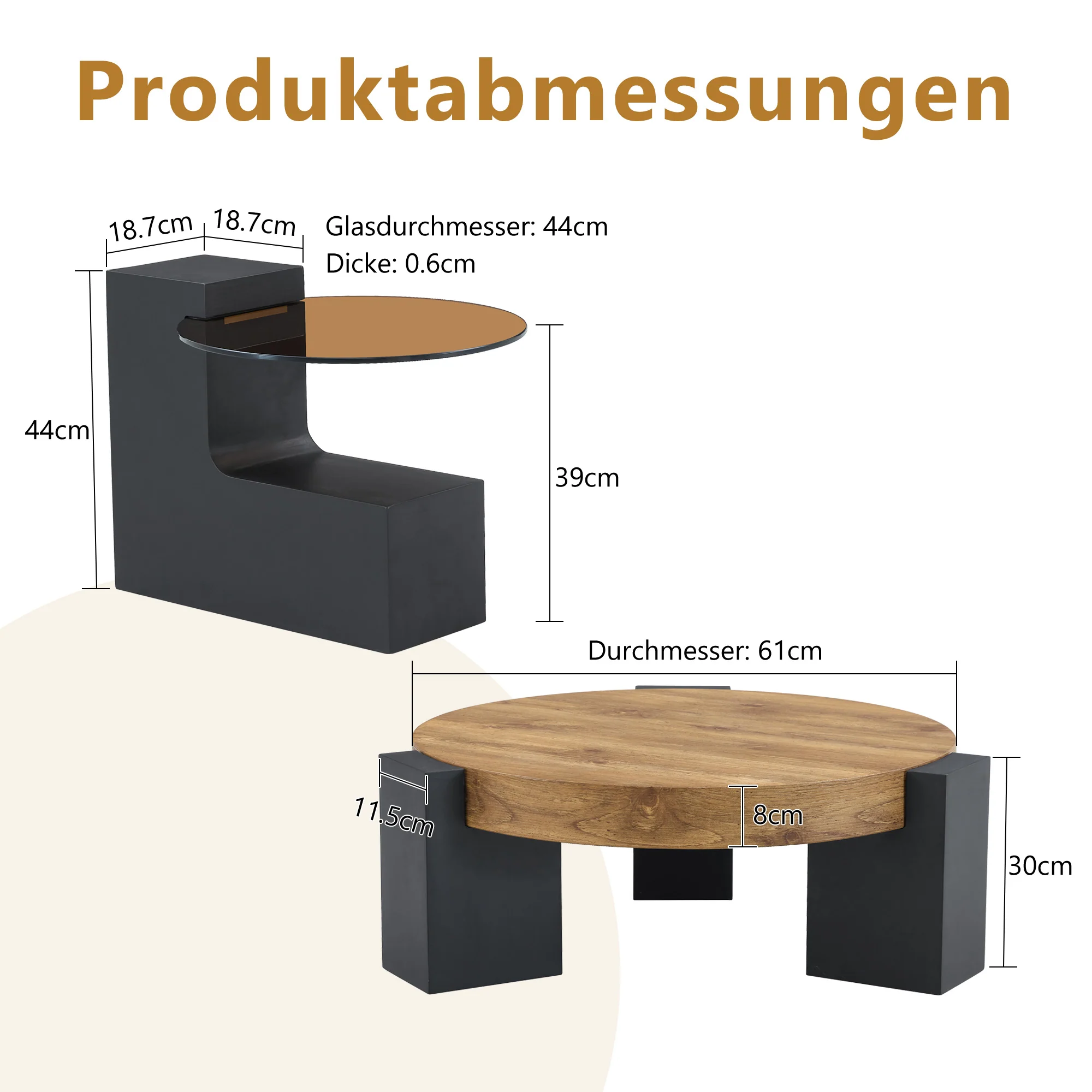 Round Coffee Table Two-Tier Detachable Transparent Brown Glass Top Black MDF Legs - Image 4