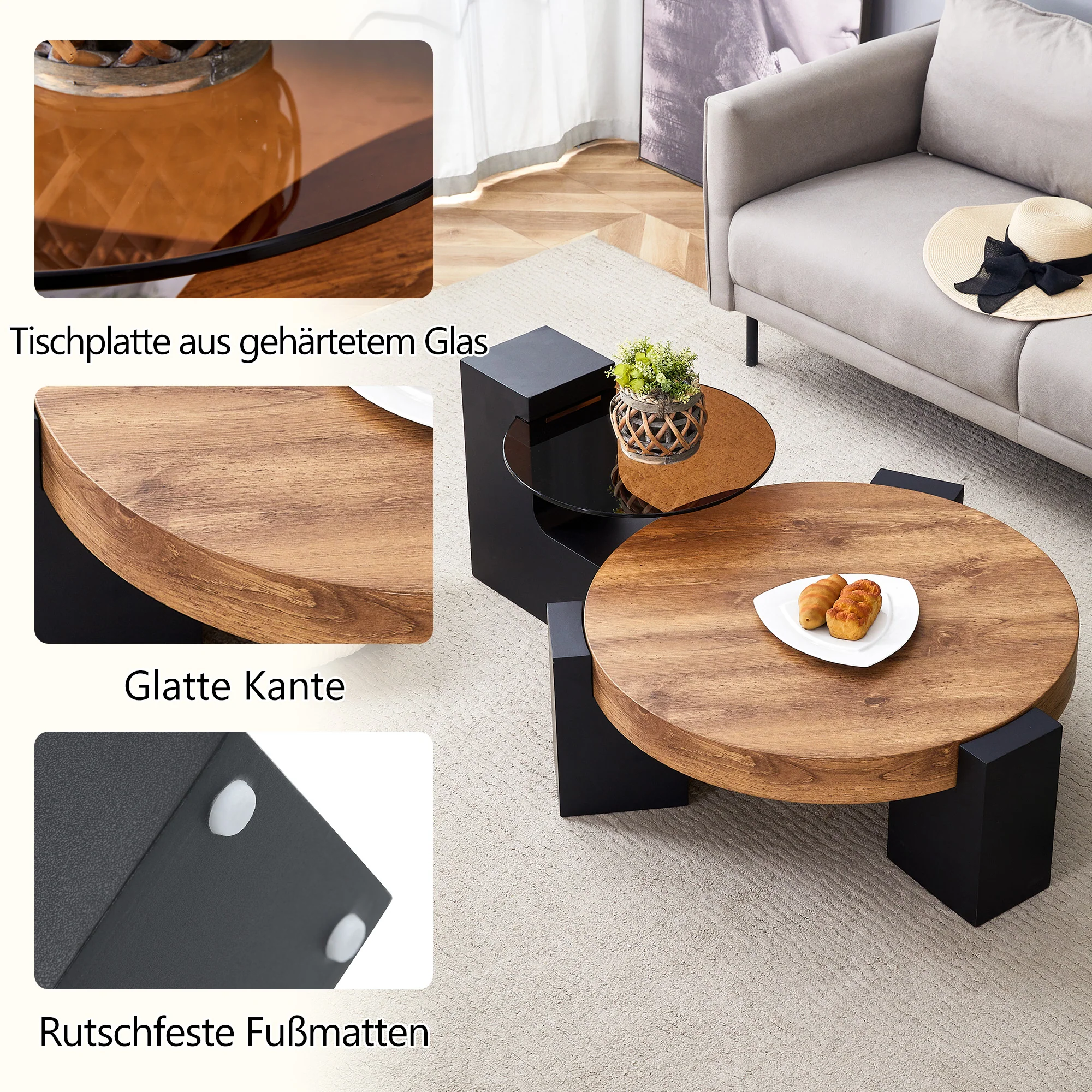 Round Coffee Table Two-Tier Detachable Transparent Brown Glass Top Black MDF Legs - Image 6