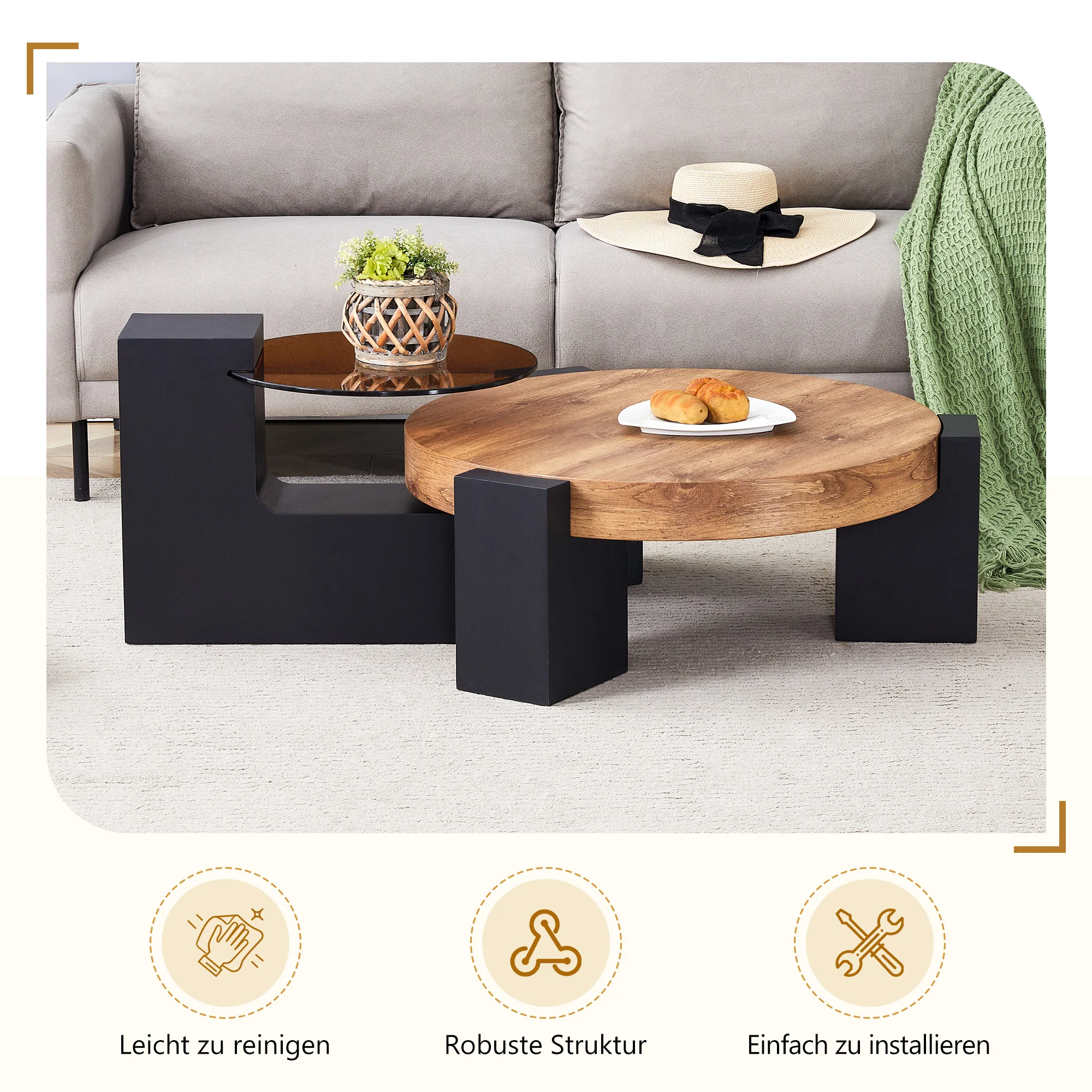 Round Coffee Table Two-Tier Detachable Transparent Brown Glass Top Black MDF Legs - Image 7