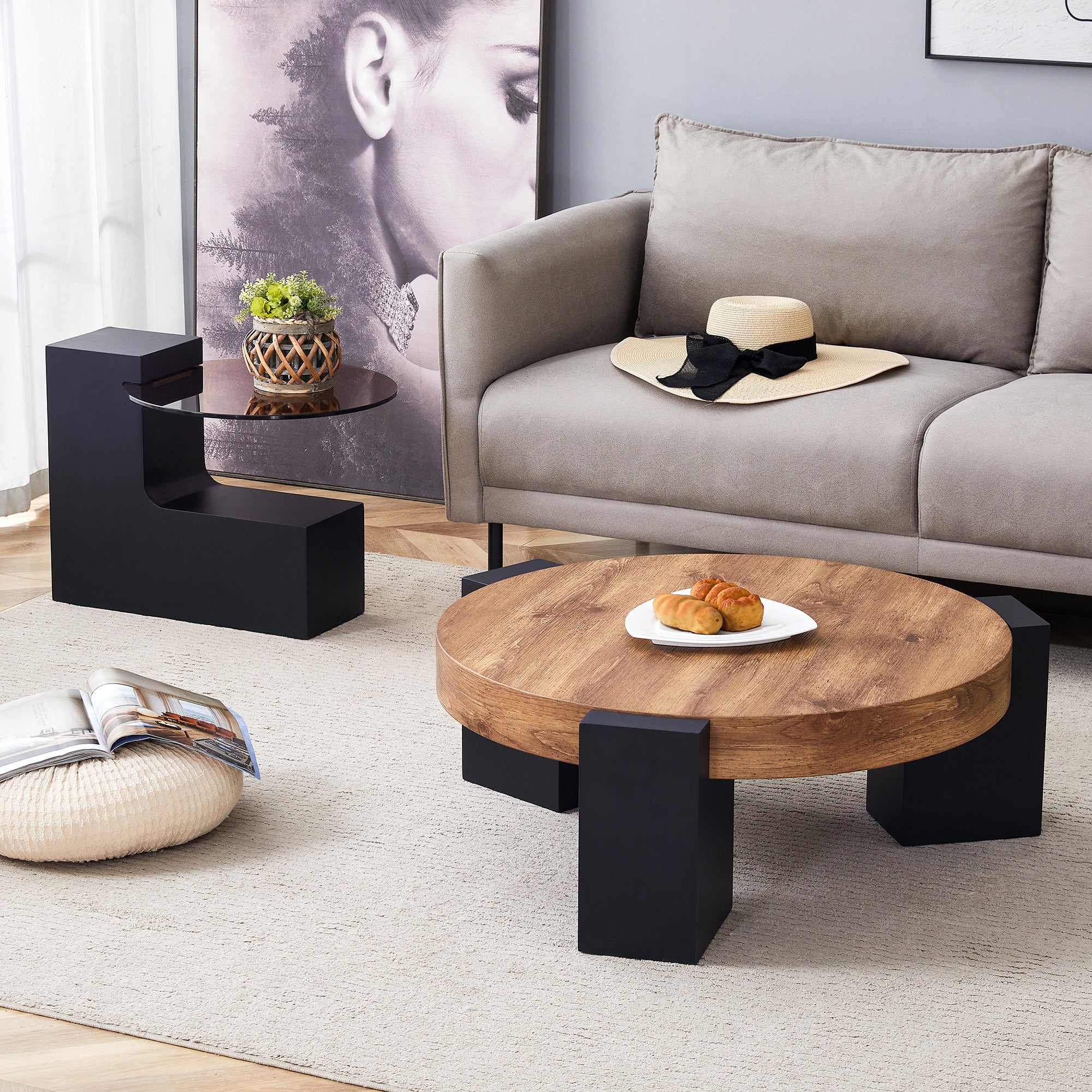 Round Coffee Table Two-Tier Detachable Transparent Brown Glass Top Black MDF Legs - Image 8