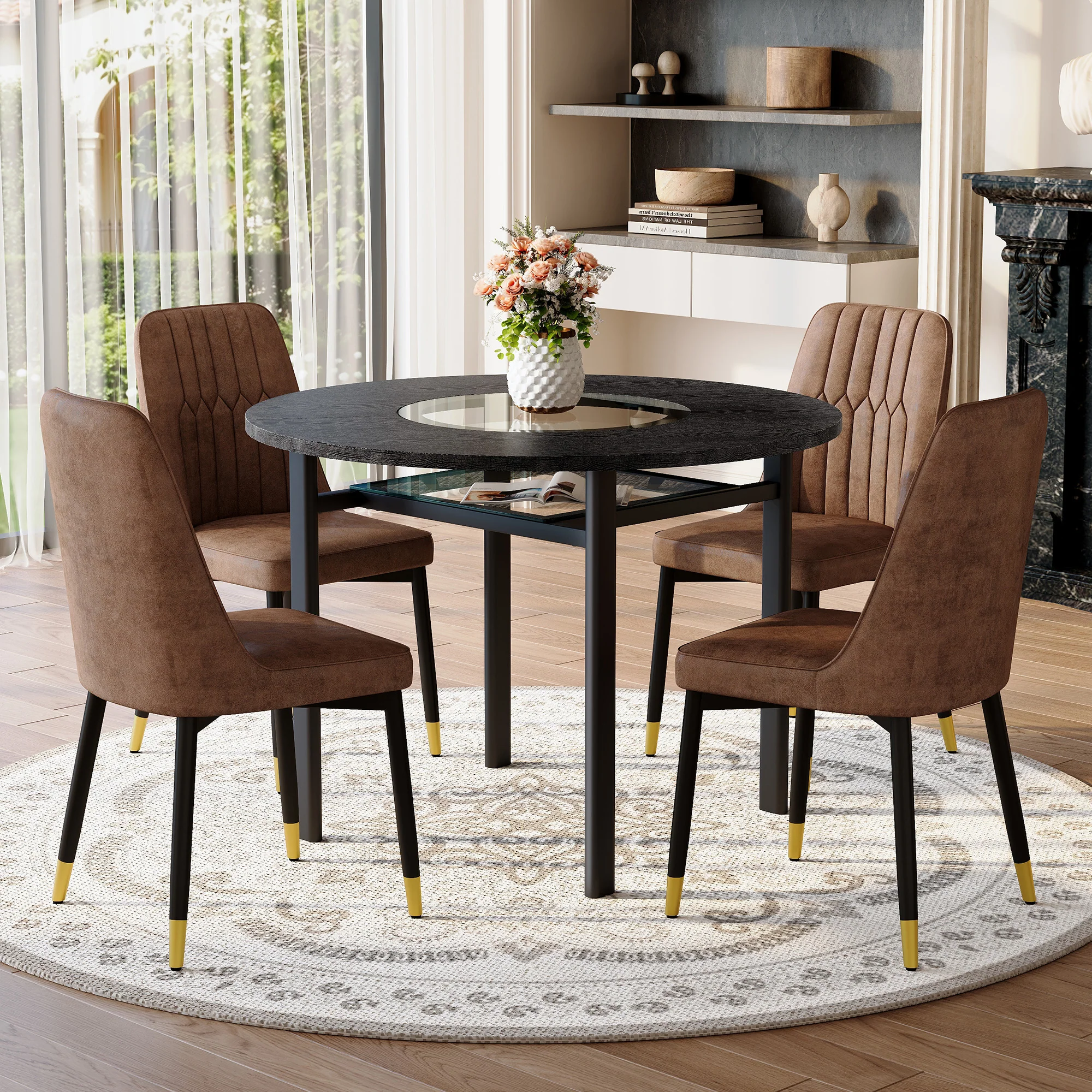 Round Dining Set 100cm 4 Tech Fabric Chairs - Black Wood Look/Brown - Image 2