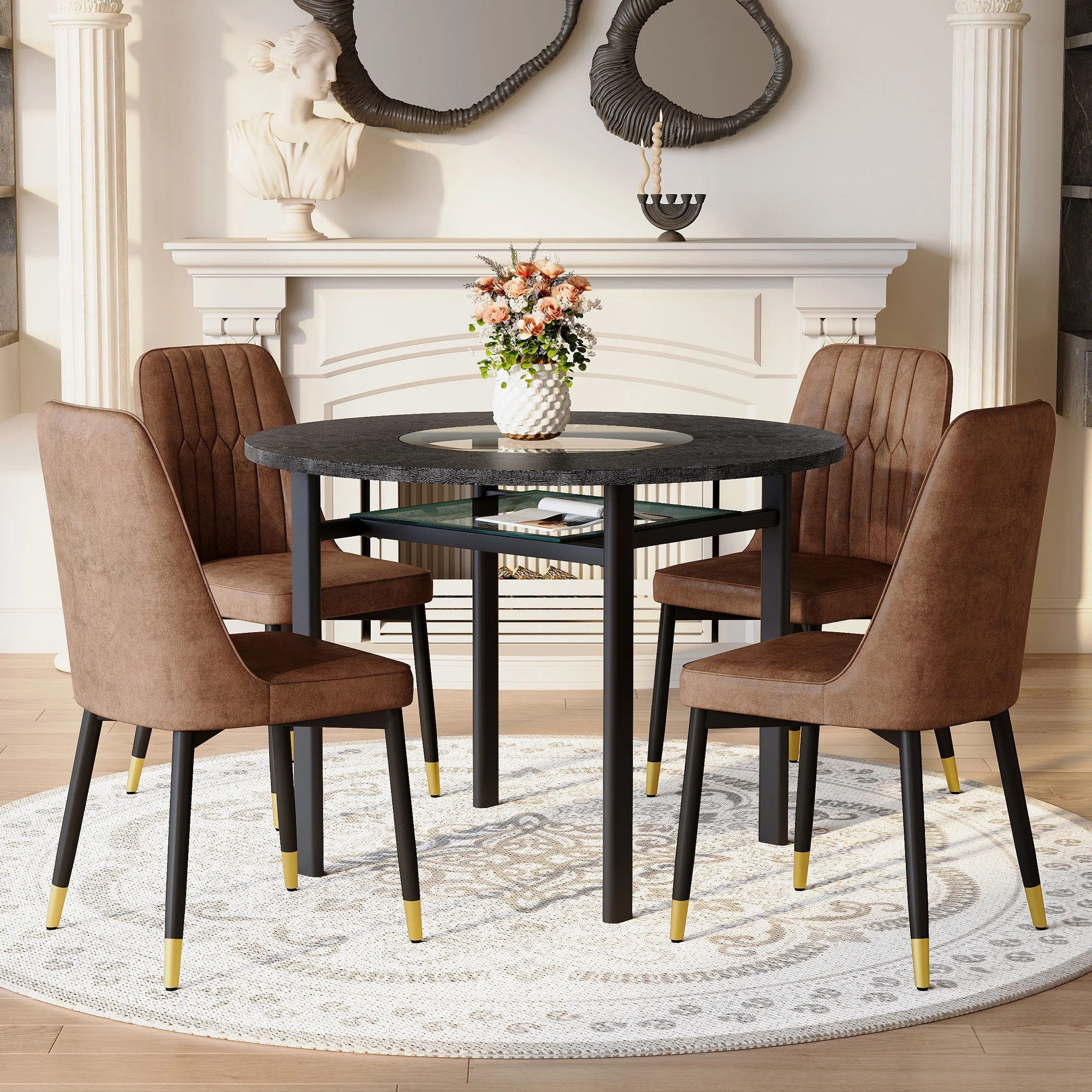 Round Dining Set 100cm 4 Tech Fabric Chairs - Black Wood Look/Brown - Image 3