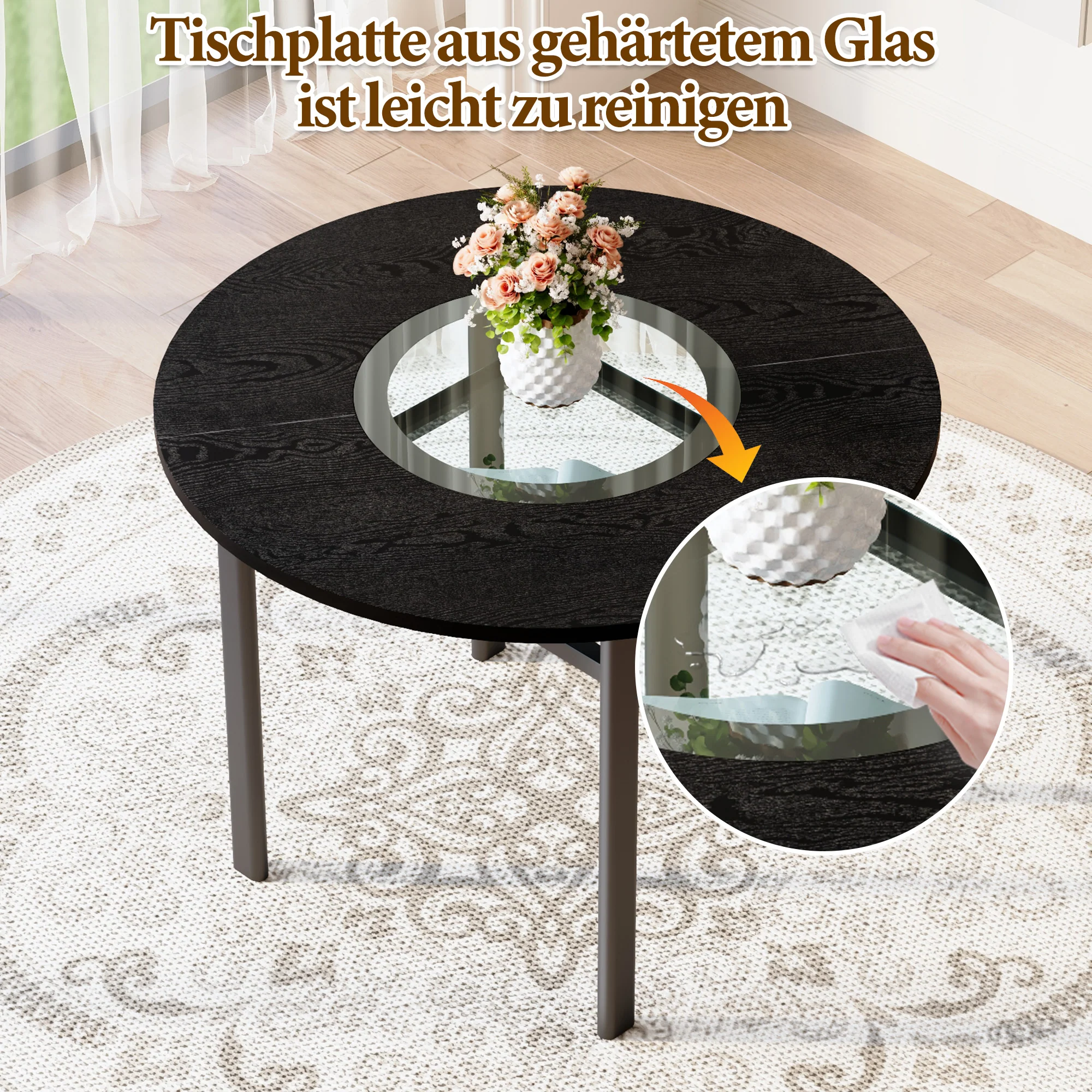 Round Dining Set 100cm 4 Tech Fabric Chairs - Black Wood Look/Brown - Image 7