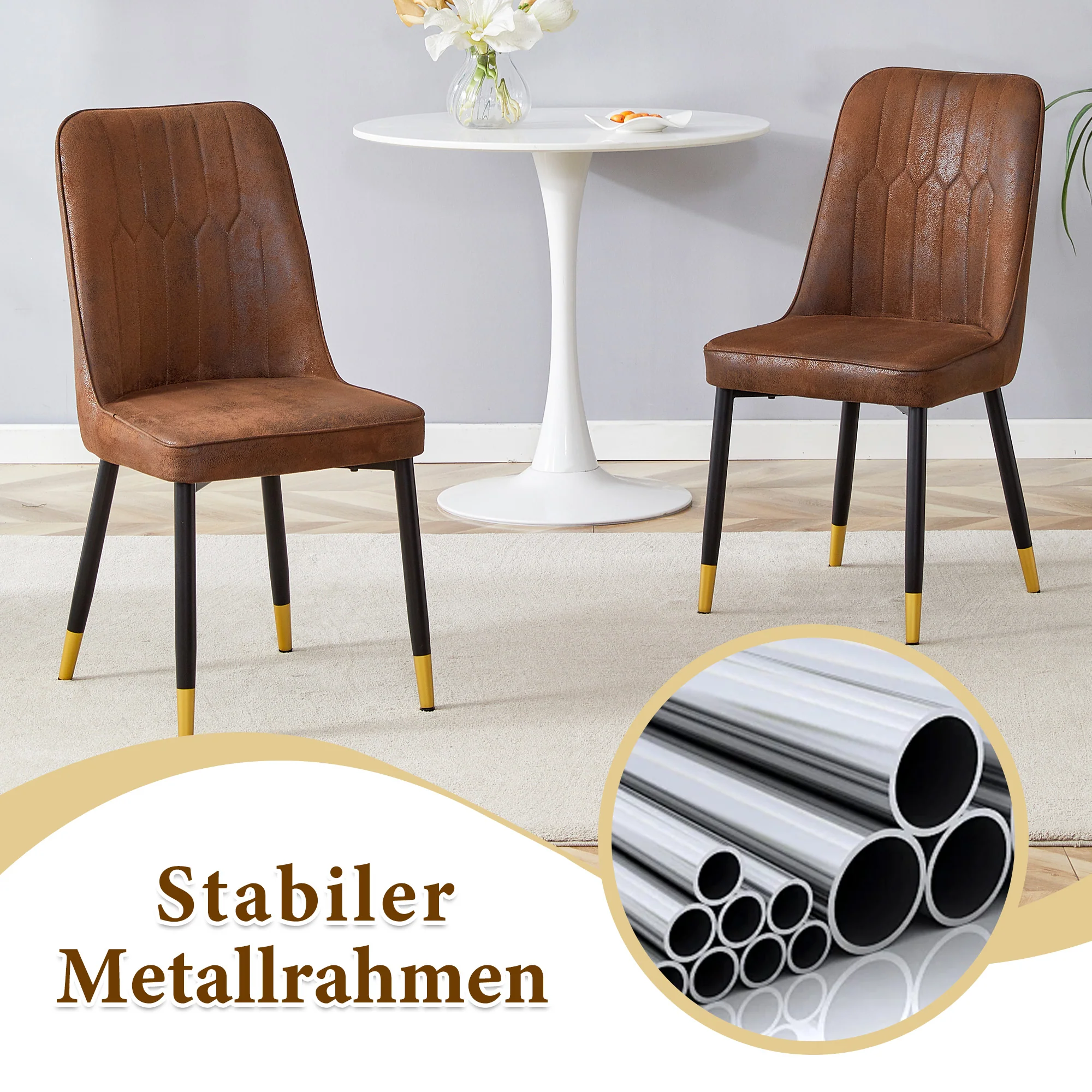 Round Dining Set 100cm 4 Tech Fabric Chairs - Black Wood Look/Brown - Image 8