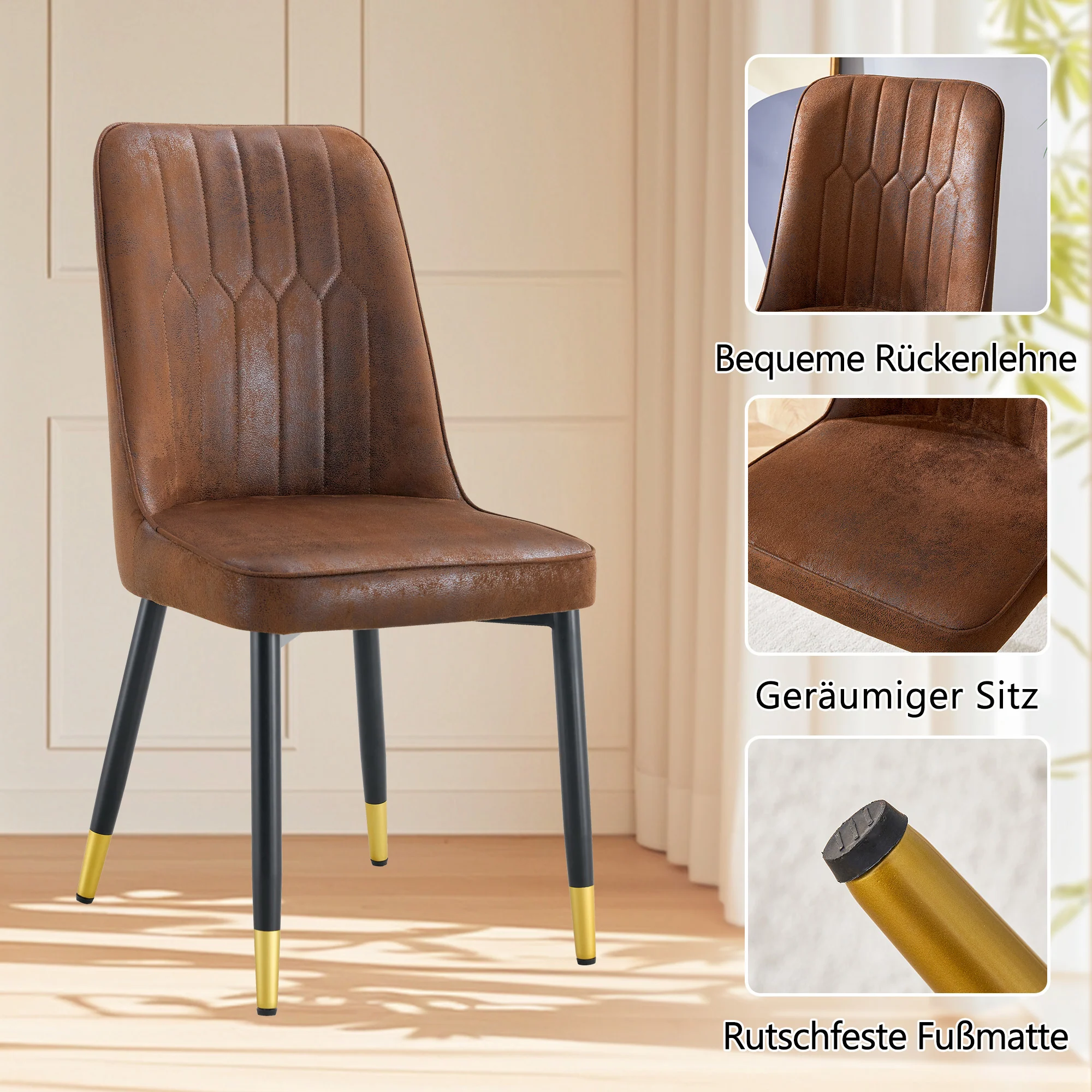 Round Dining Set 100cm 4 Tech Fabric Chairs - Black Wood Look/Brown - Image 9