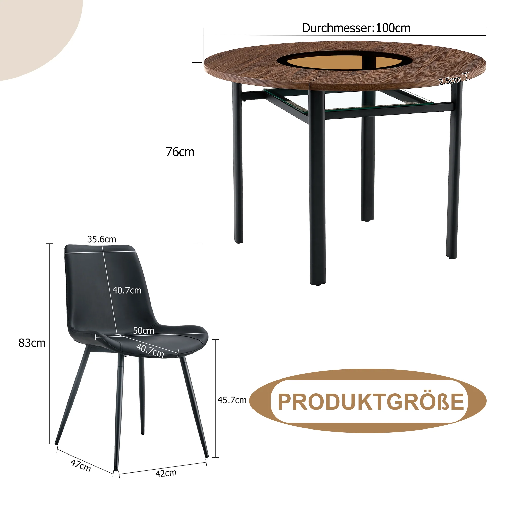 Round Dining Set 100cm Integrated Storage 4 Chairs - Brown Wood Look/Black PU - Image 4