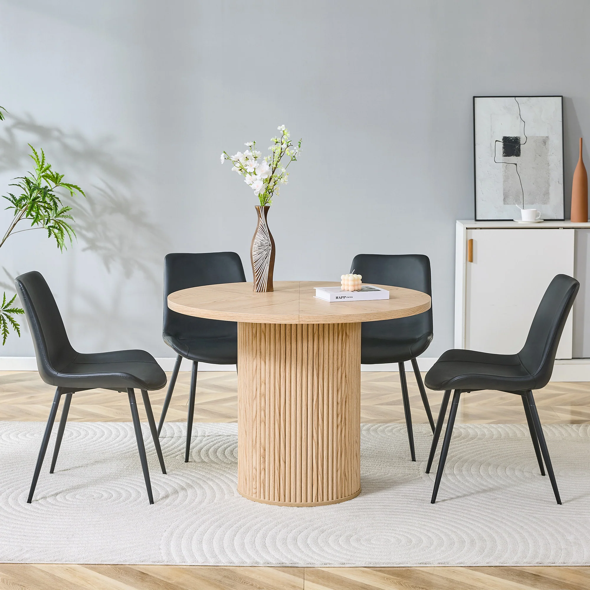 Round Dining Set 100cm MDF Table 4 Chairs - Light Wood Look/Black Faux Leather