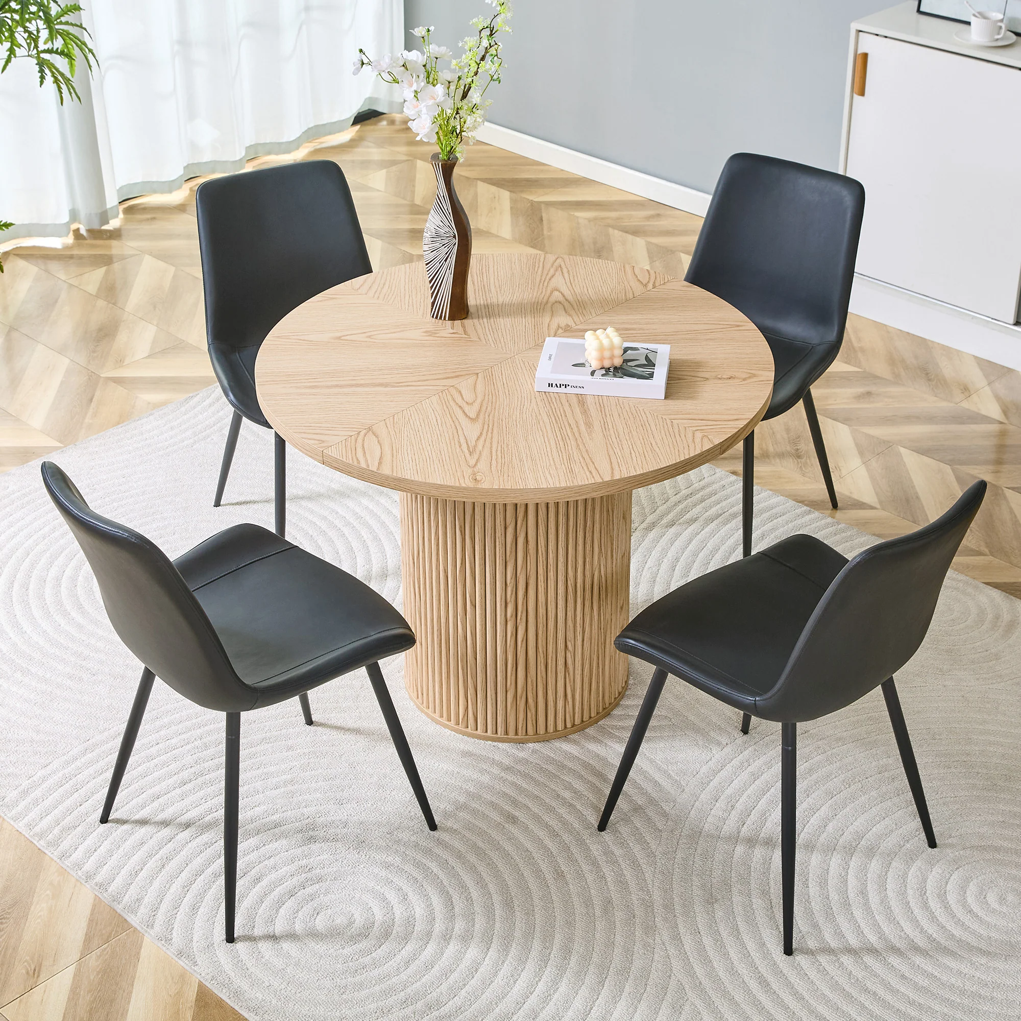 Round Dining Set 100cm MDF Table 4 Chairs - Light Wood Look/Black Faux Leather - Image 2