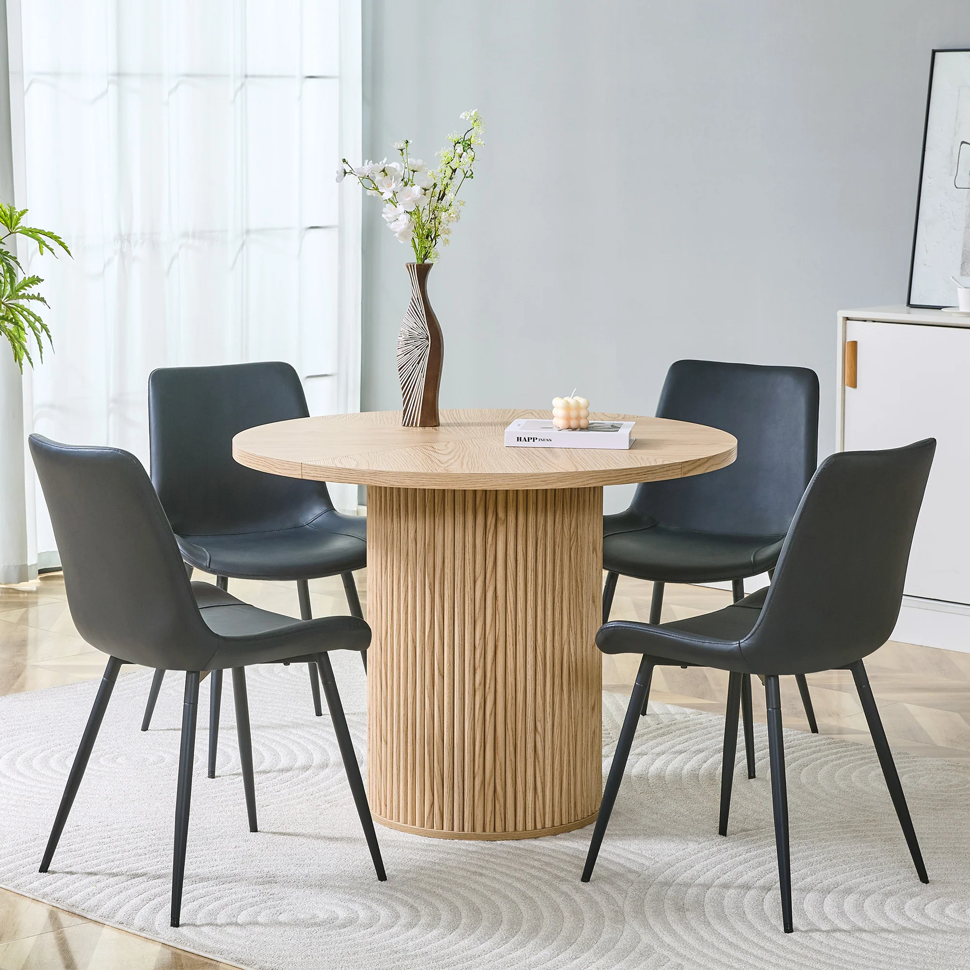 Round Dining Set 100cm MDF Table 4 Chairs - Light Wood Look/Black Faux Leather - Image 3
