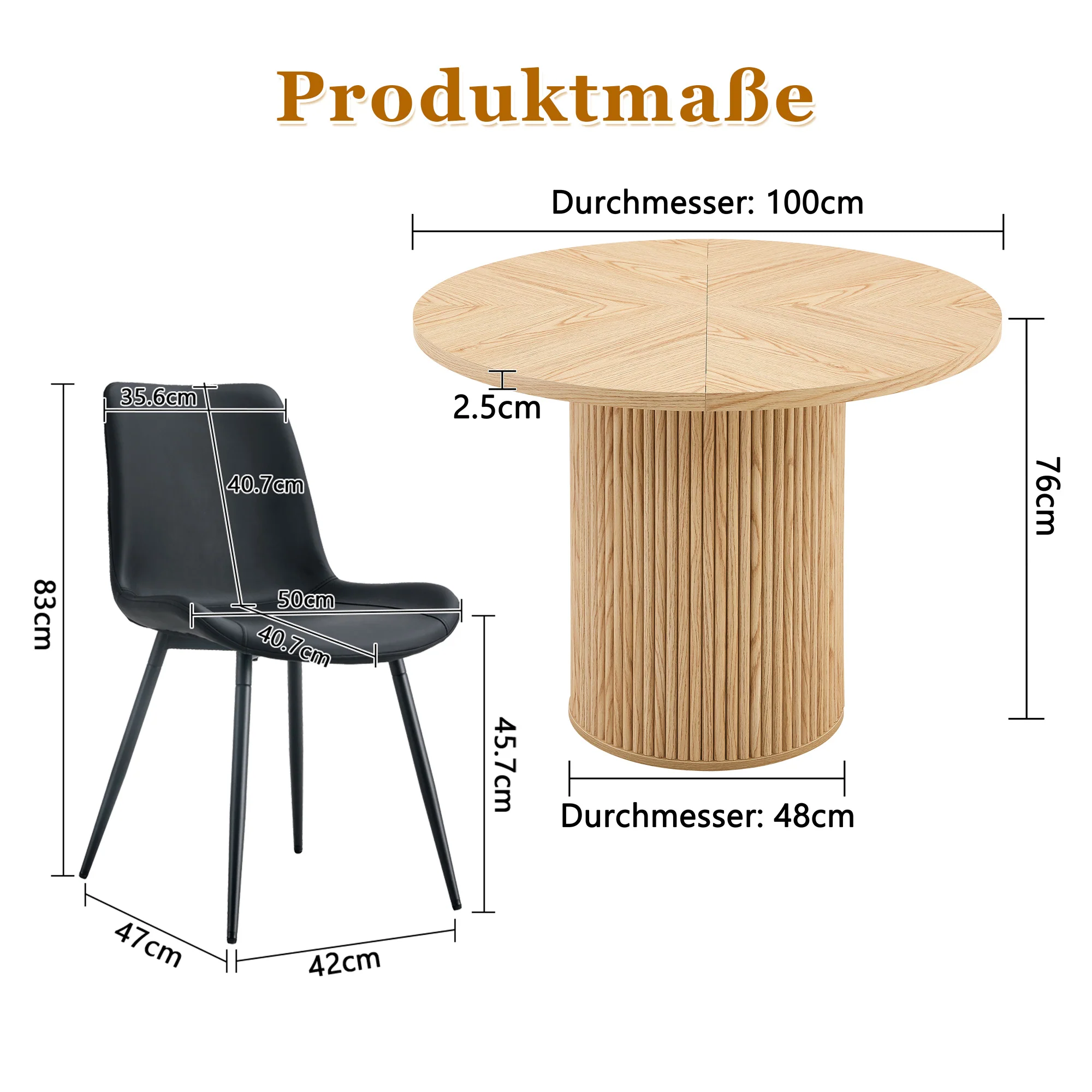 Round Dining Set 100cm MDF Table 4 Chairs - Light Wood Look/Black Faux Leather - Image 4