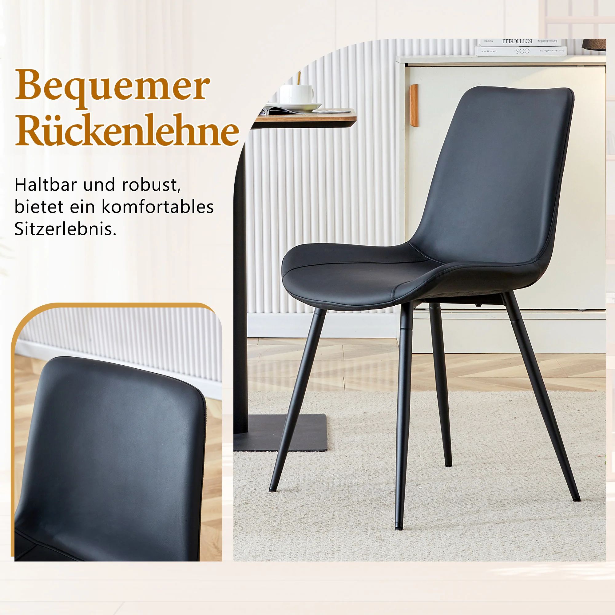 Round Dining Set 100cm MDF Table 4 Chairs - Light Wood Look/Black Faux Leather - Image 5