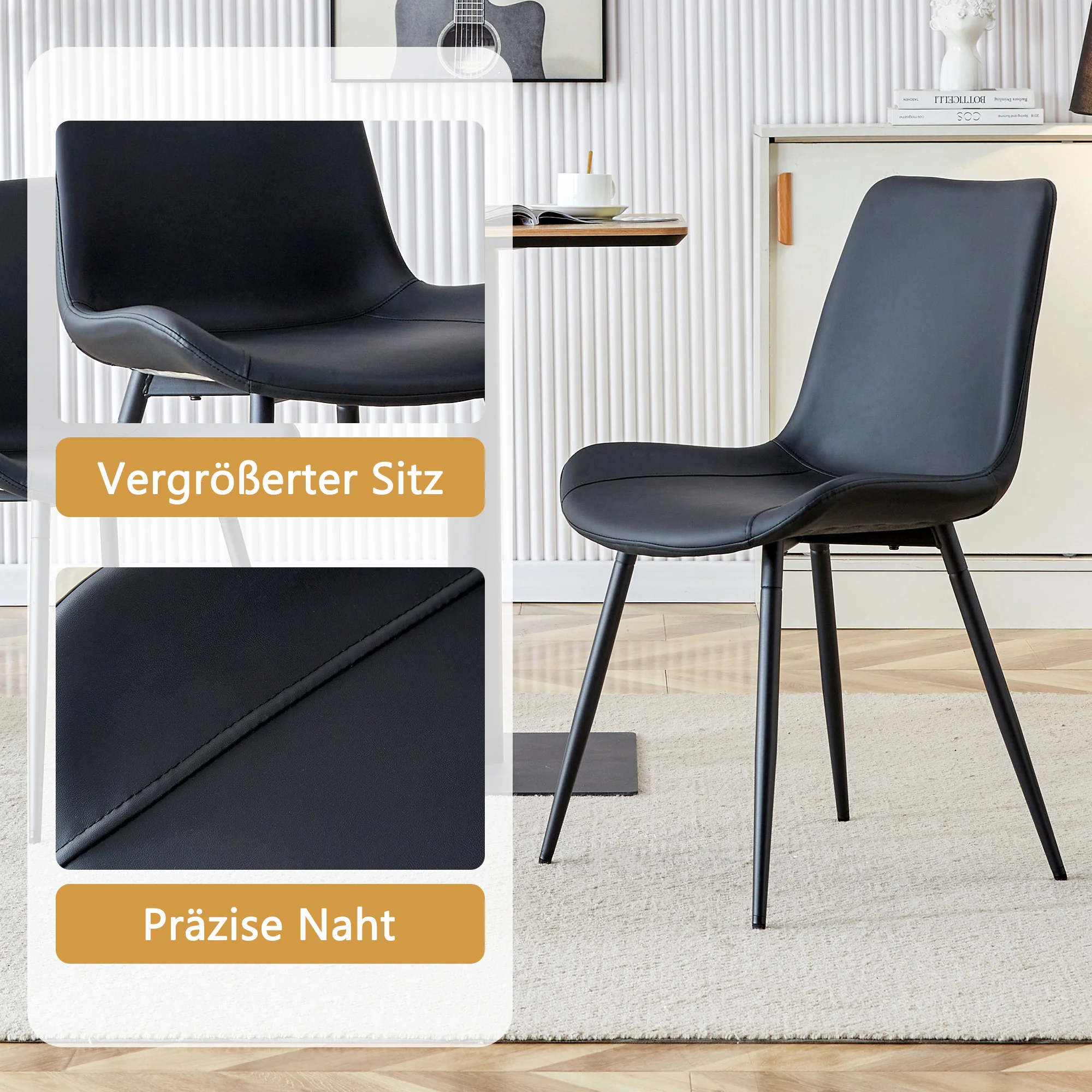 Round Dining Set 100cm MDF Table 4 Chairs - Light Wood Look/Black Faux Leather - Image 6
